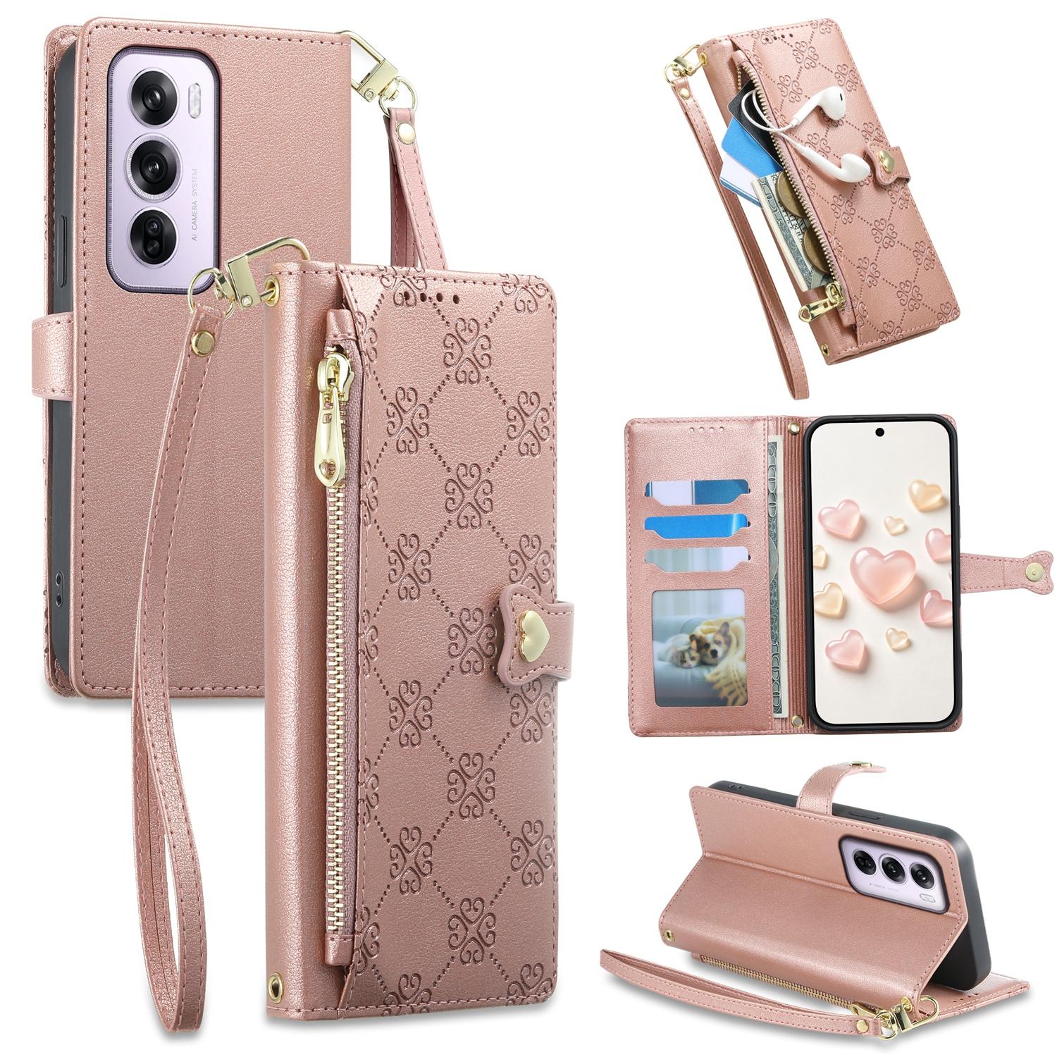 For OPPO Reno12 Pro Global Zipper Wallet Heart Buckle Vegan Leather Phone Case with Wrist Strap(Pink) - Shopkiz.com