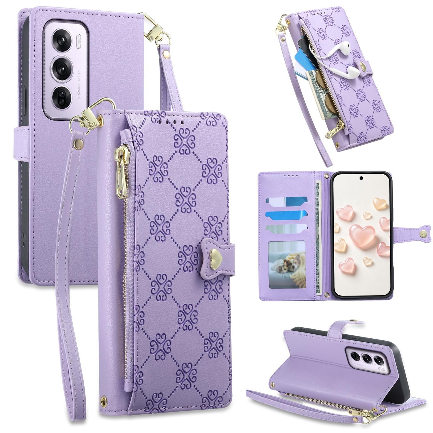 For OPPO Reno12 Pro Global Zipper Wallet Heart Buckle Vegan Leather Phone Case with Wrist Strap(Purple) - Shopkiz.com