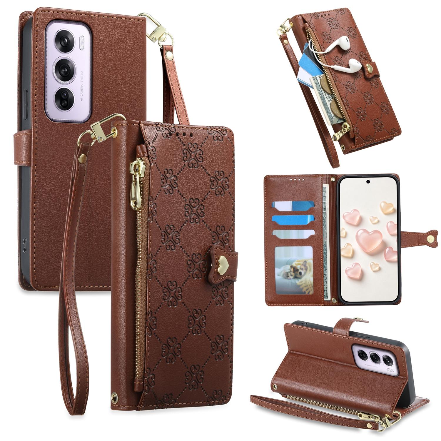 For OPPO Reno12 Pro Global Zipper Wallet Heart Buckle Vegan Leather Phone Case with Wrist Strap(Brown) - Shopkiz.com