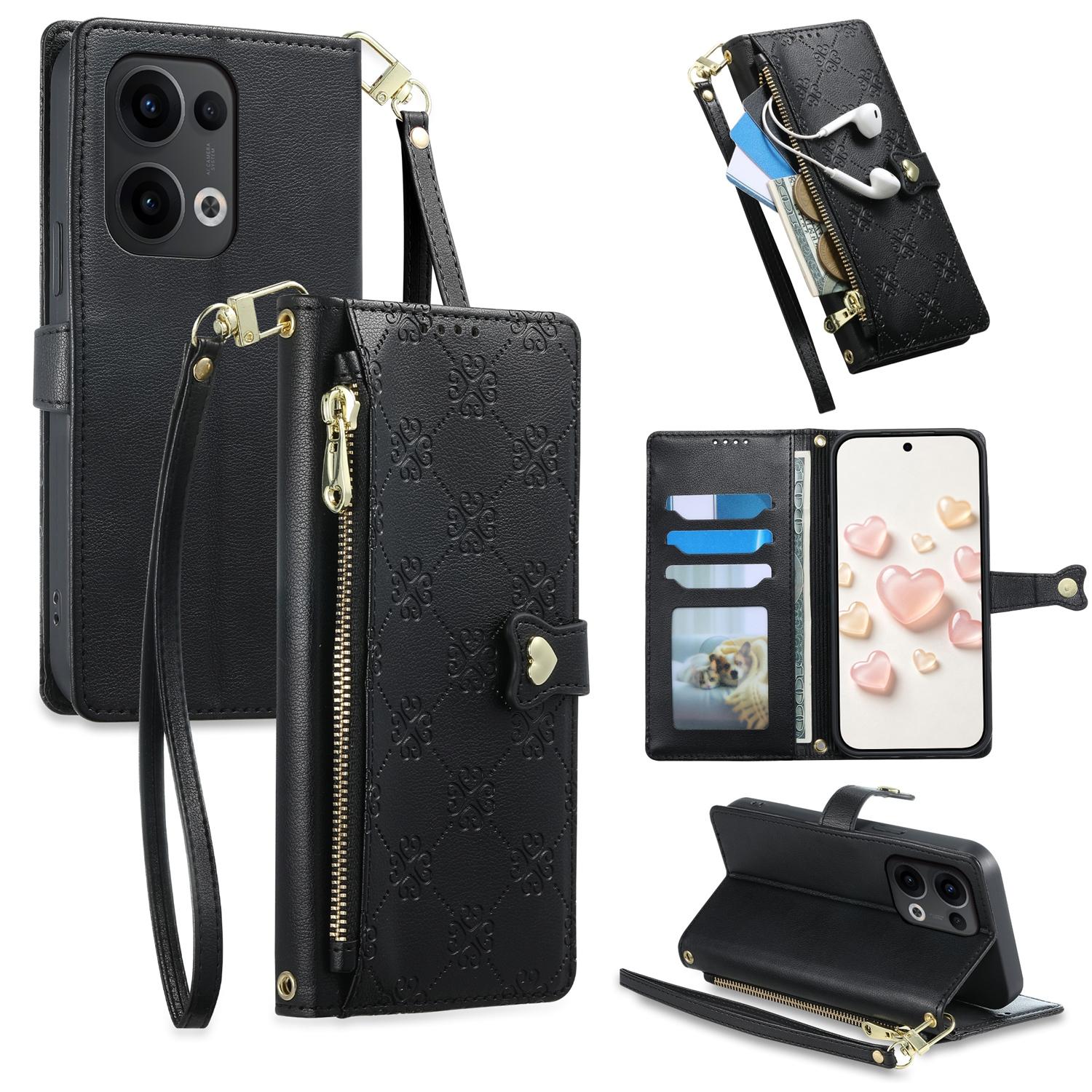 For OPPO Reno13 Global Zipper Wallet Heart Buckle Vegan Leather Phone Case with Wrist Strap(Black) - Shopkiz.com