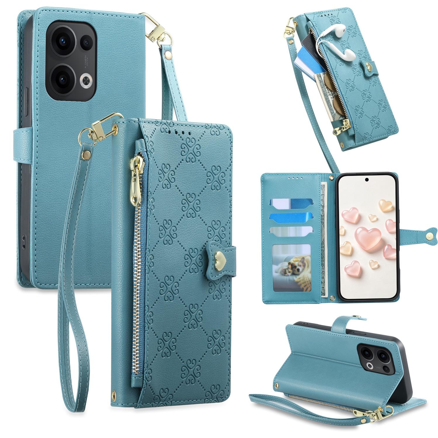 For OPPO Reno13 Global Zipper Wallet Heart Buckle Vegan Leather Phone Case with Wrist Strap(Lake Blue) - Shopkiz.com