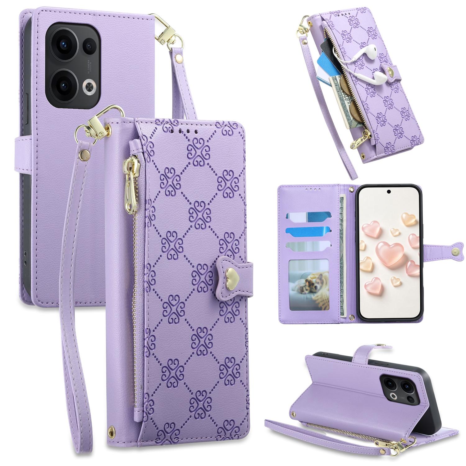 For OPPO Reno13 Global Zipper Wallet Heart Buckle Vegan Leather Phone Case with Wrist Strap(Purple) - Shopkiz.com