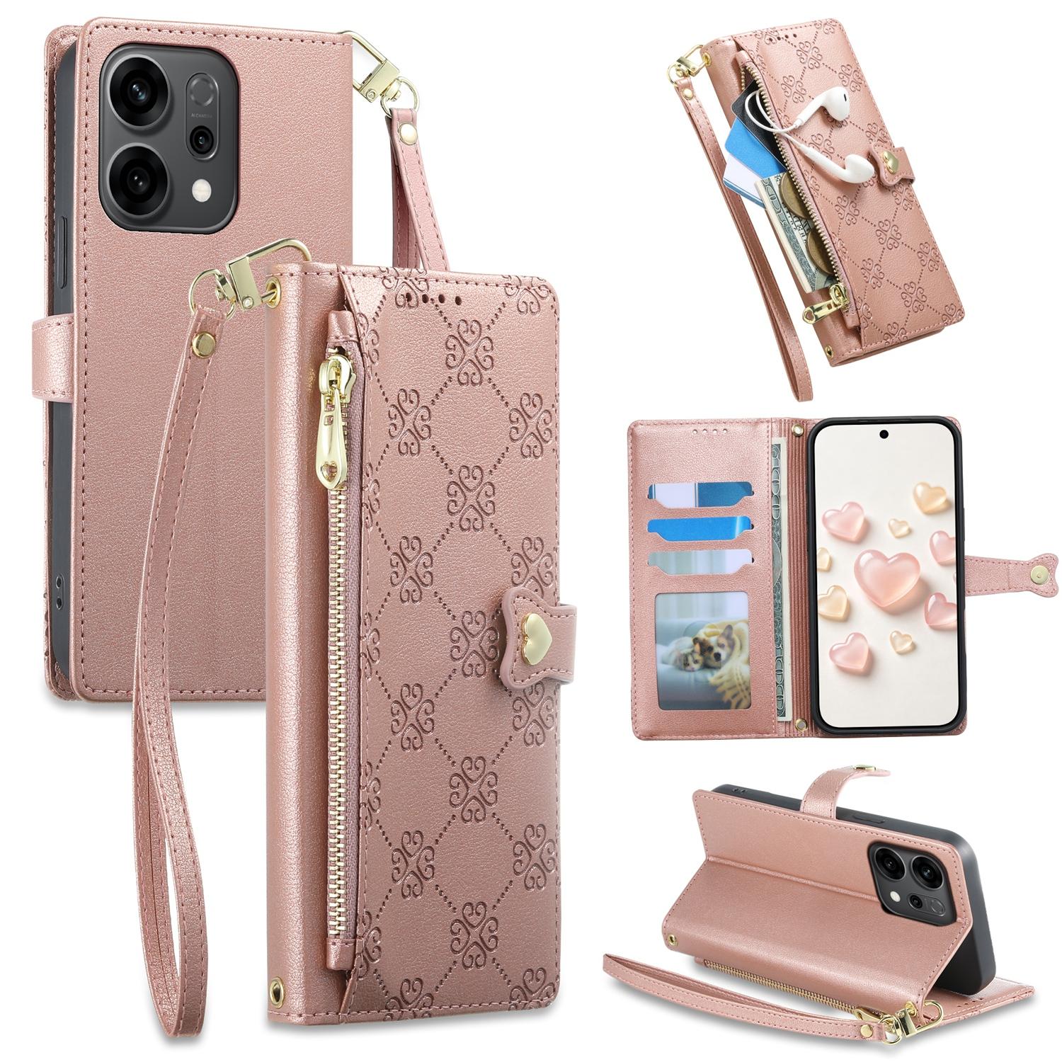 For OPPO Reno14 Global / Reno14 F 5G Zipper Wallet Heart Buckle Vegan Leather Phone Case with Wrist Strap(Pink) - Shopkiz.com