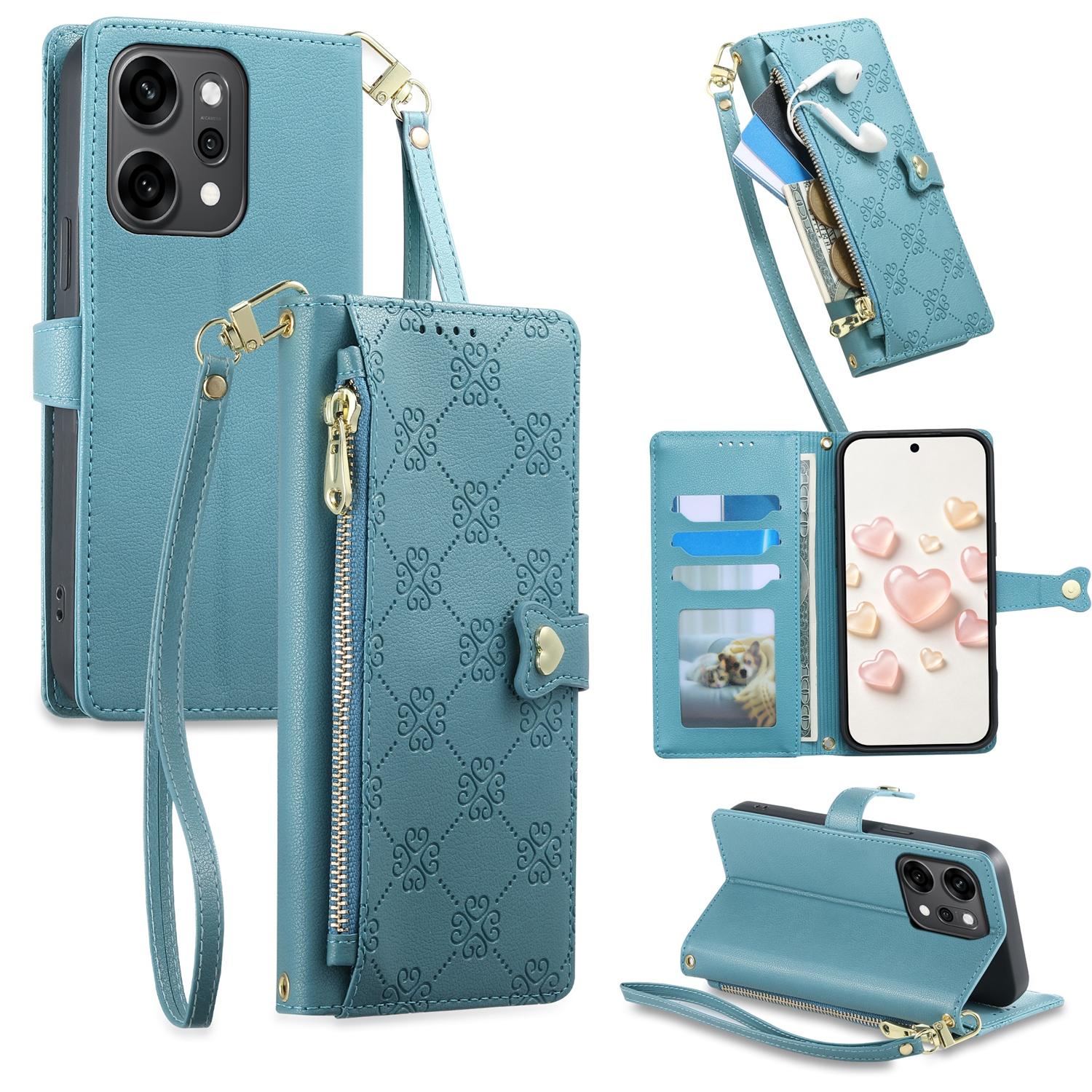 For OPPO Reno14 Pro Global Zipper Wallet Heart Buckle Vegan Leather Phone Case with Wrist Strap(Lake Blue) - Shopkiz.com