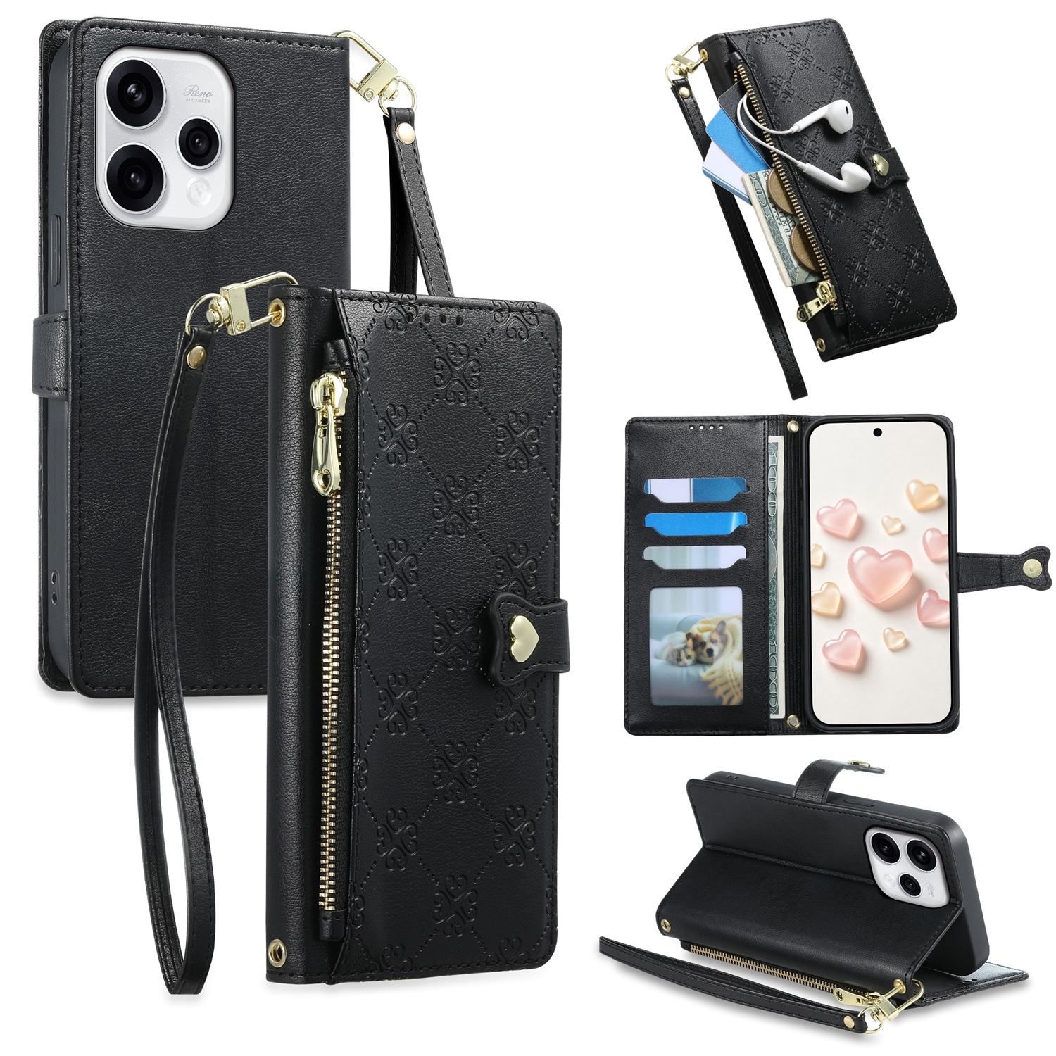 For OPPO Reno15 5G Global Zipper Wallet Heart Buckle Vegan Leather Phone Case with Wrist Strap(Black) - Shopkiz.com