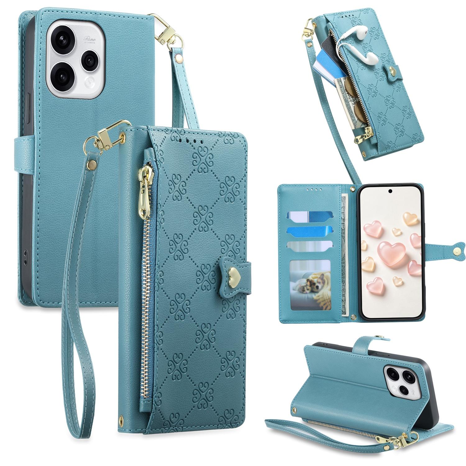 For OPPO Reno15 5G Global Zipper Wallet Heart Buckle Vegan Leather Phone Case with Wrist Strap(Lake Blue) - Shopkiz.com