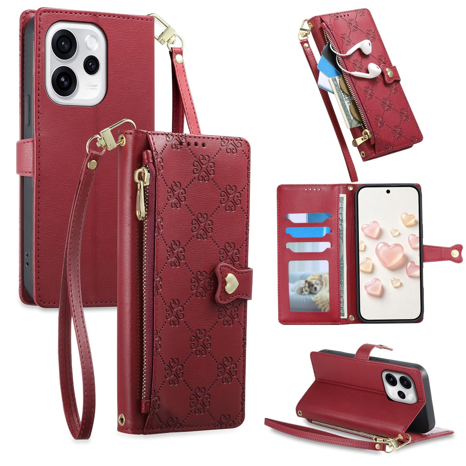 For OPPO Reno15 Pro 5G Global Zipper Wallet Heart Buckle Vegan Leather Phone Case with Wrist Strap(Red) - Shopkiz.com