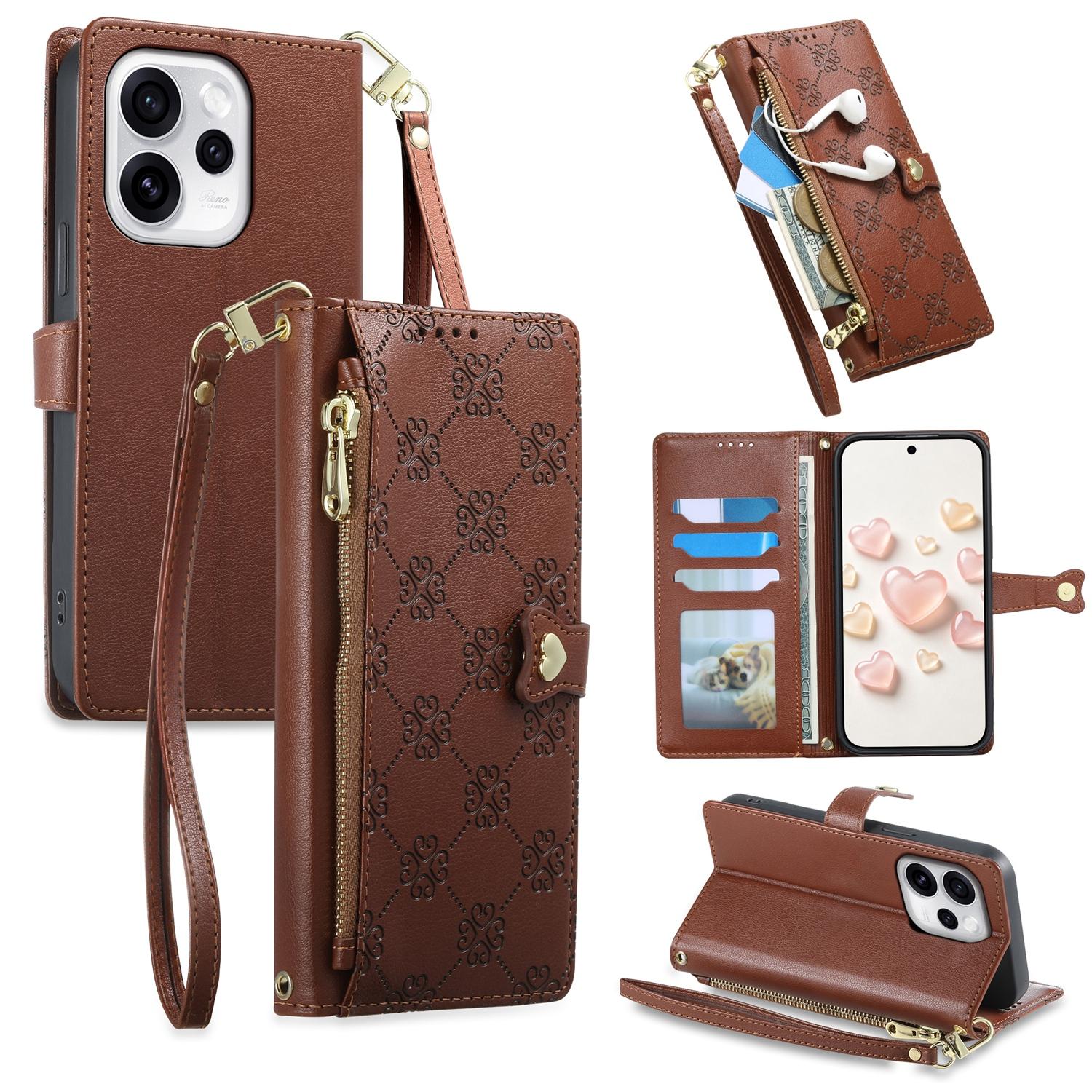 For OPPO Reno15 Pro 5G Global Zipper Wallet Heart Buckle Vegan Leather Phone Case with Wrist Strap(Brown) - Shopkiz.com