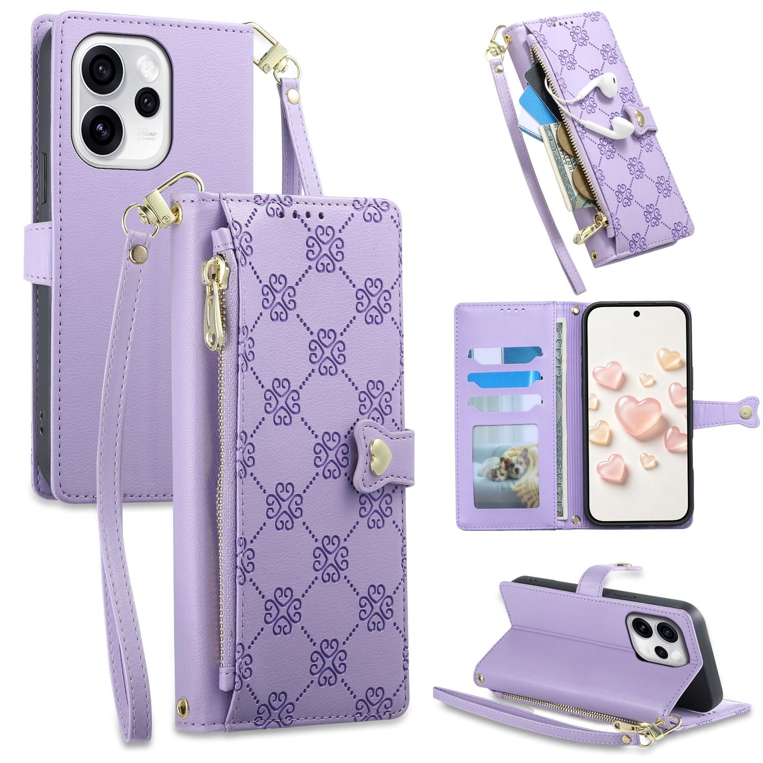 For OPPO Reno15 Pro Max 5G Global Zipper Wallet Heart Buckle Vegan Leather Phone Case with Wrist Strap(Purple) - Shopkiz.com