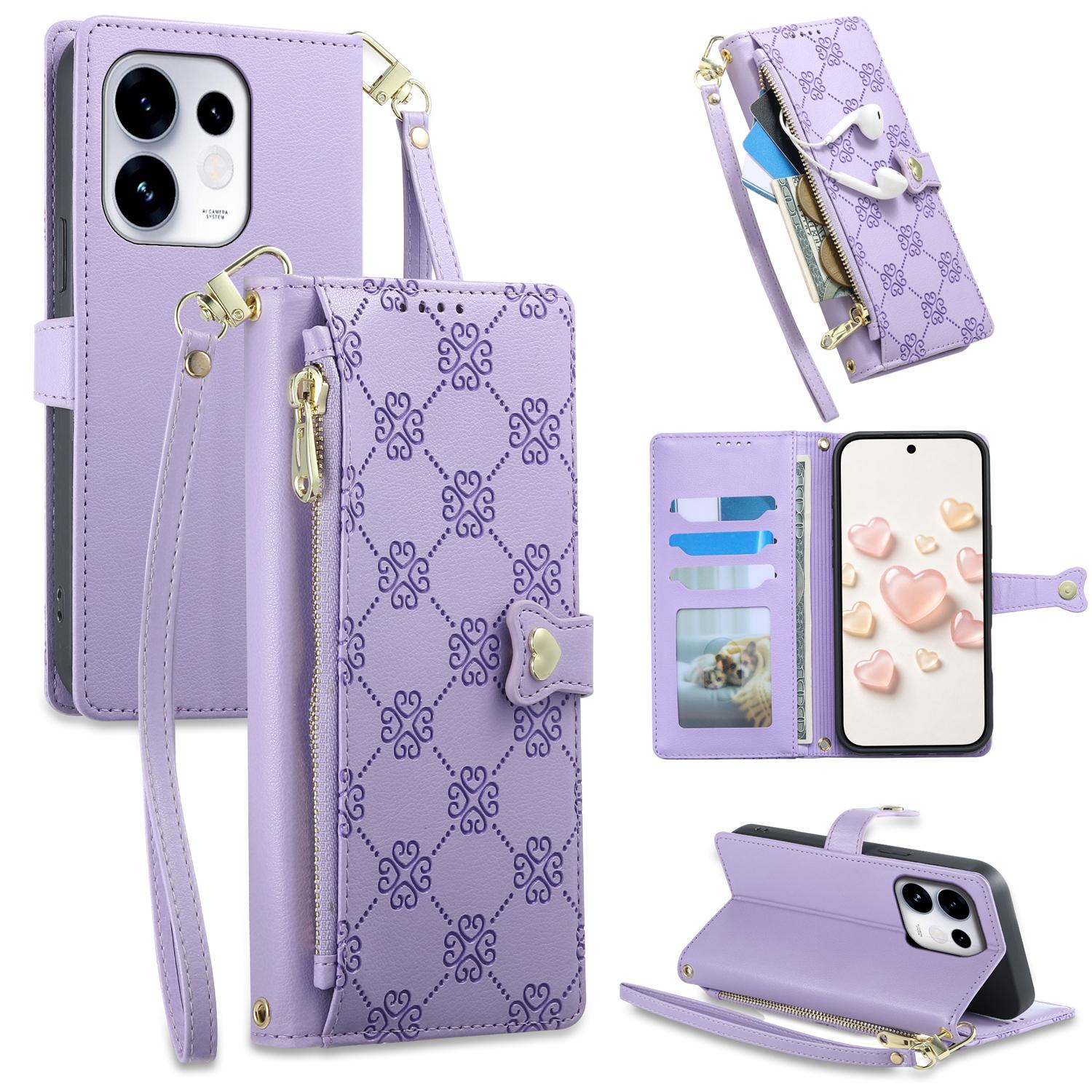 For OPPO Reno16 5G / Reno16 Pro 5G Global Zipper Wallet Heart Buckle Vegan Leather Phone Case with Wrist Strap(Purple) - Shopkiz.com