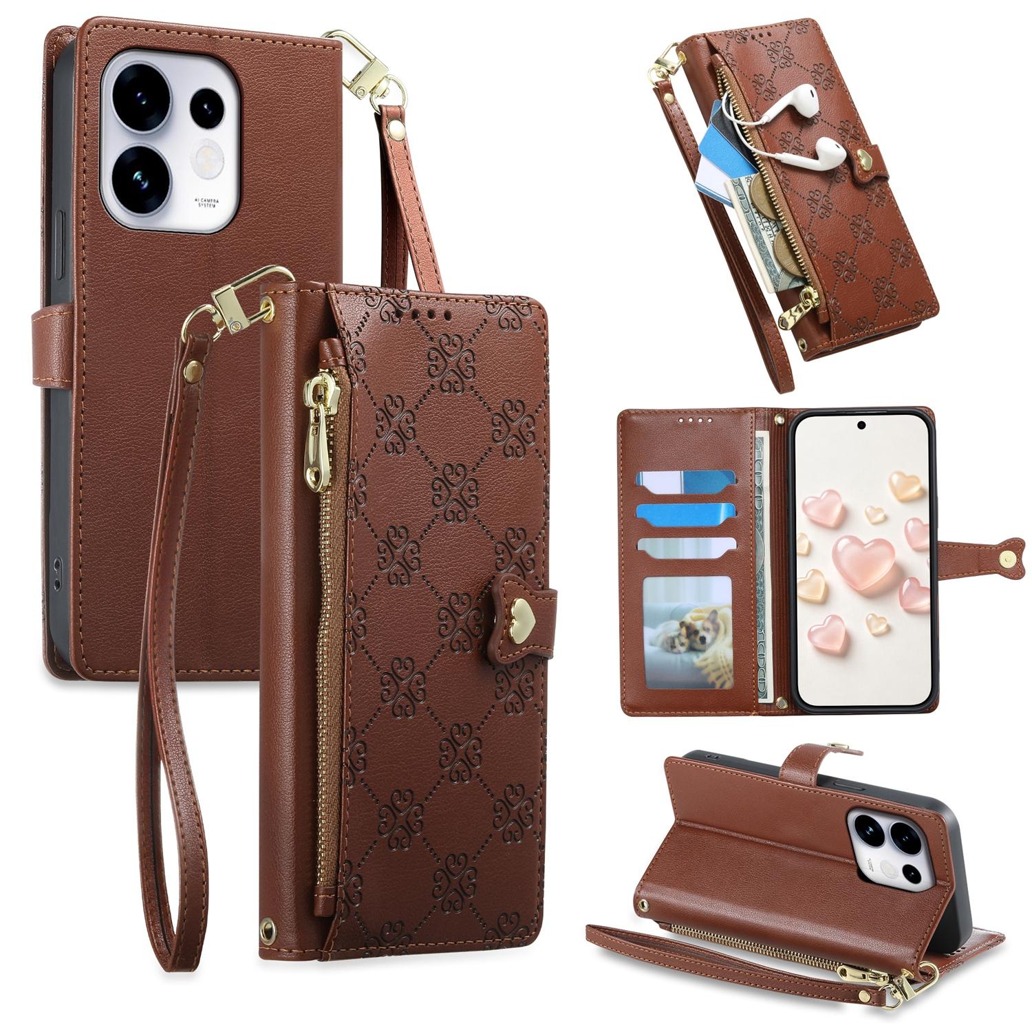 For OPPO Reno16 5G / Reno16 Pro 5G Global Zipper Wallet Heart Buckle Vegan Leather Phone Case with Wrist Strap(Brown) - Shopkiz.com