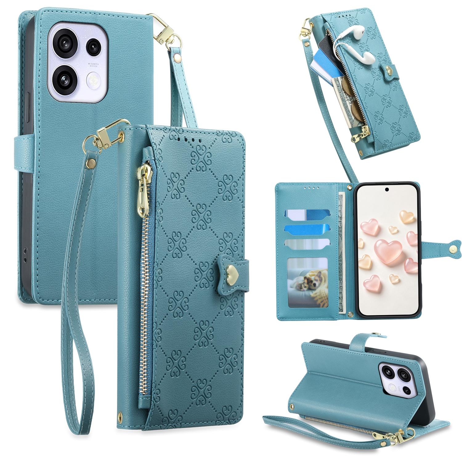 For OPPO Reno16 F 5G / Reno16 FS 5G Zipper Wallet Heart Buckle Vegan Leather Phone Case with Wrist Strap(Lake Blue) - Shopkiz.com