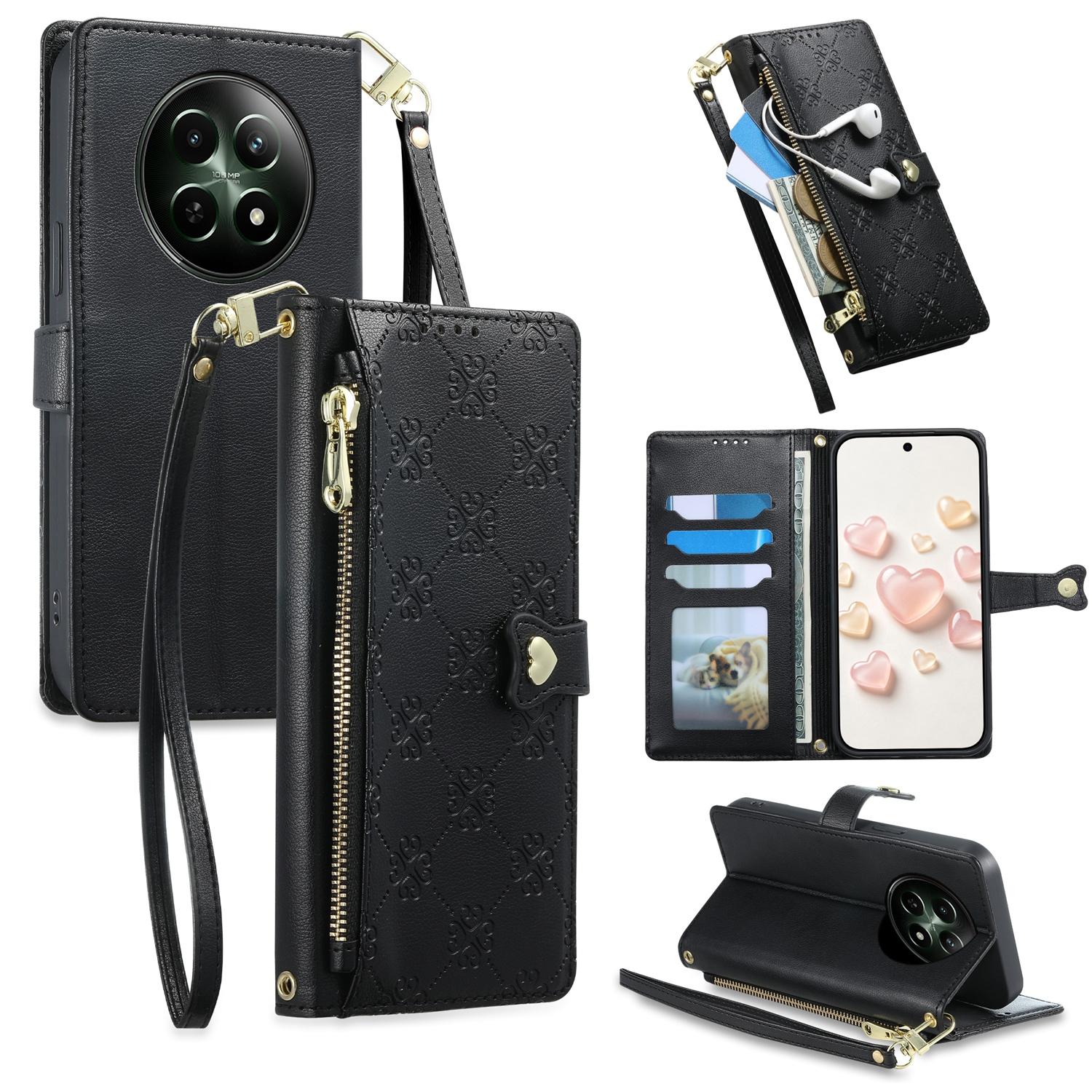 For Realme 12 5G / 12x / C65 5G Zipper Wallet Heart Buckle Vegan Leather Phone Case with Wrist Strap(Black) - Shopkiz.com