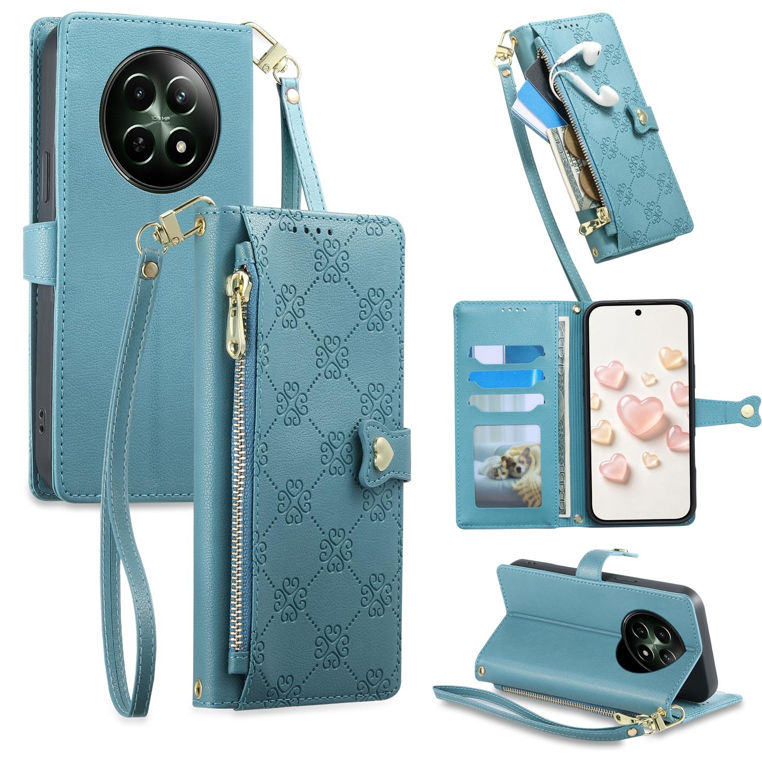 For Realme 12 5G / 12x / C65 5G Zipper Wallet Heart Buckle Vegan Leather Phone Case with Wrist Strap(Lake Blue) - Shopkiz.com