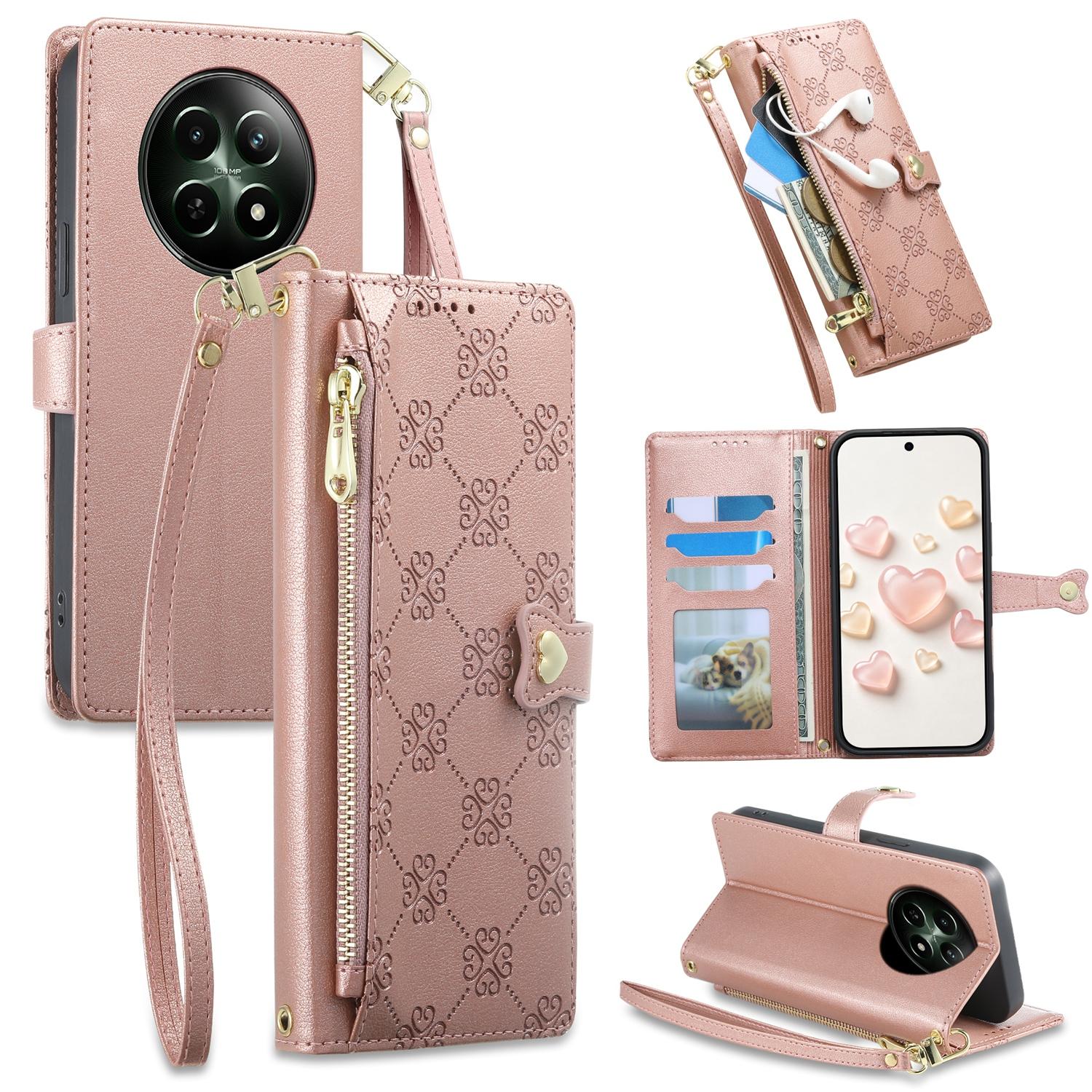 For Realme 12 5G / 12x / C65 5G Zipper Wallet Heart Buckle Vegan Leather Phone Case with Wrist Strap(Pink) - Shopkiz.com