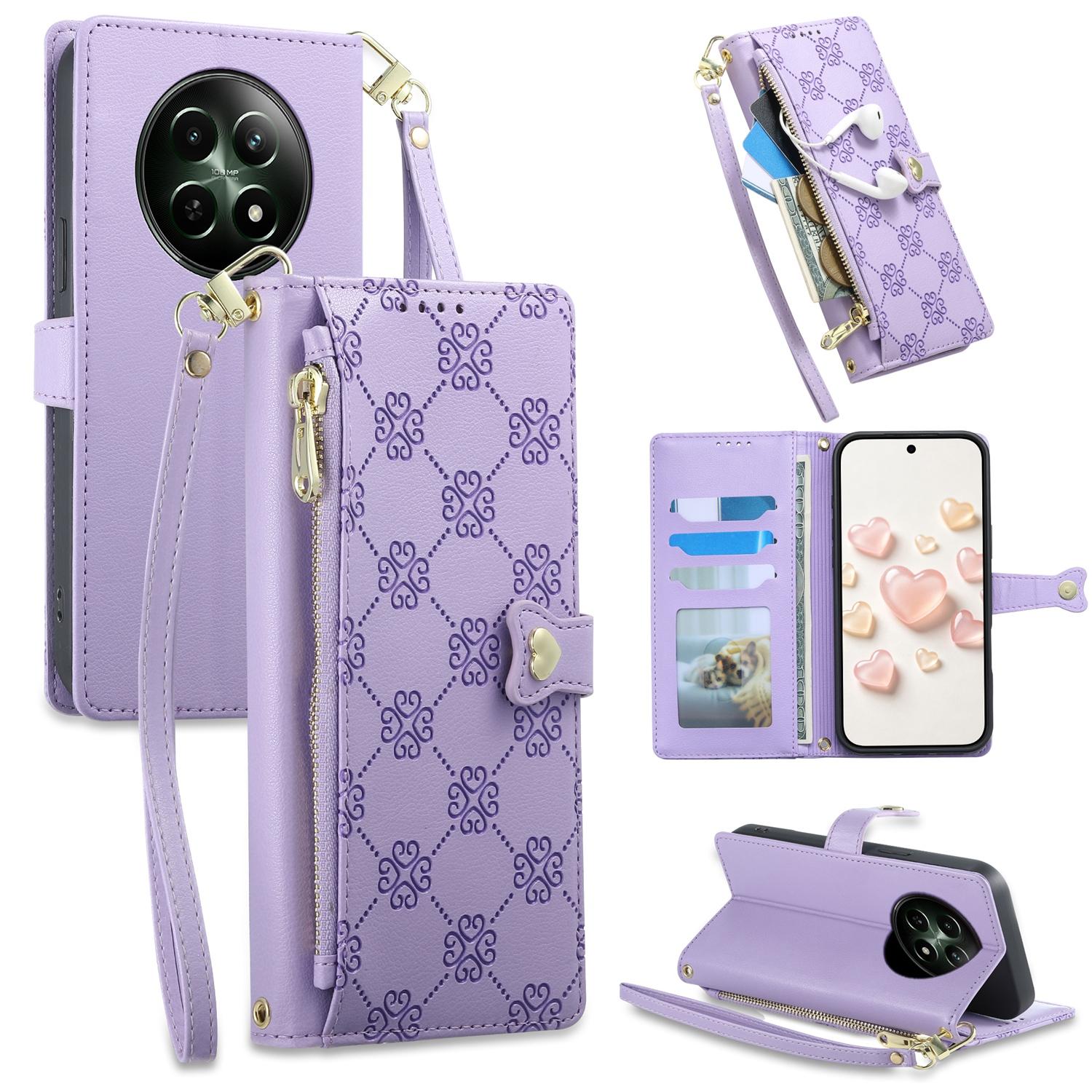 For Realme 12 5G / 12x / C65 5G Zipper Wallet Heart Buckle Vegan Leather Phone Case with Wrist Strap(Purple) - Shopkiz.com