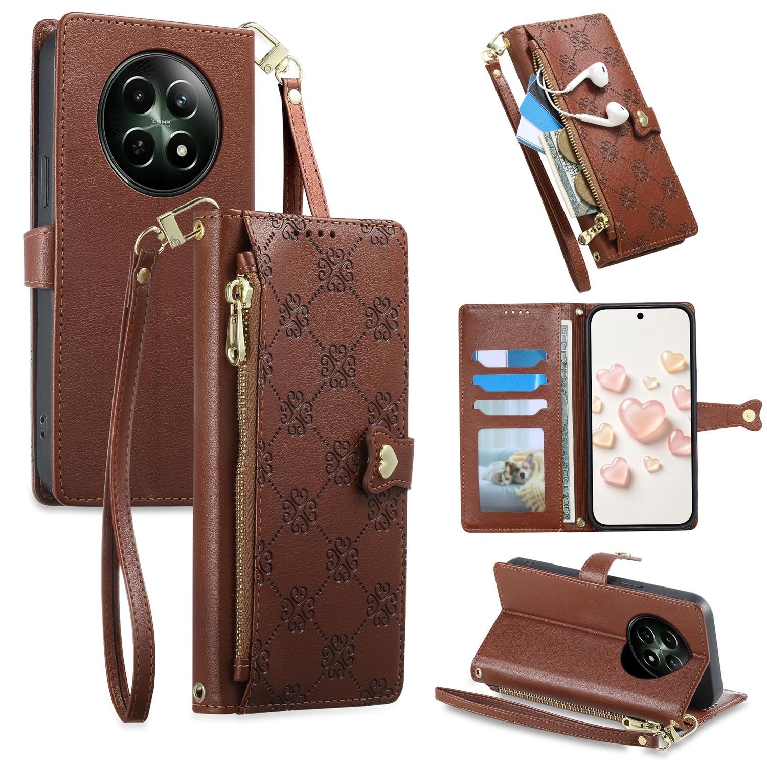 For Realme 12 5G / 12x / C65 5G Zipper Wallet Heart Buckle Vegan Leather Phone Case with Wrist Strap(Brown) - Shopkiz.com