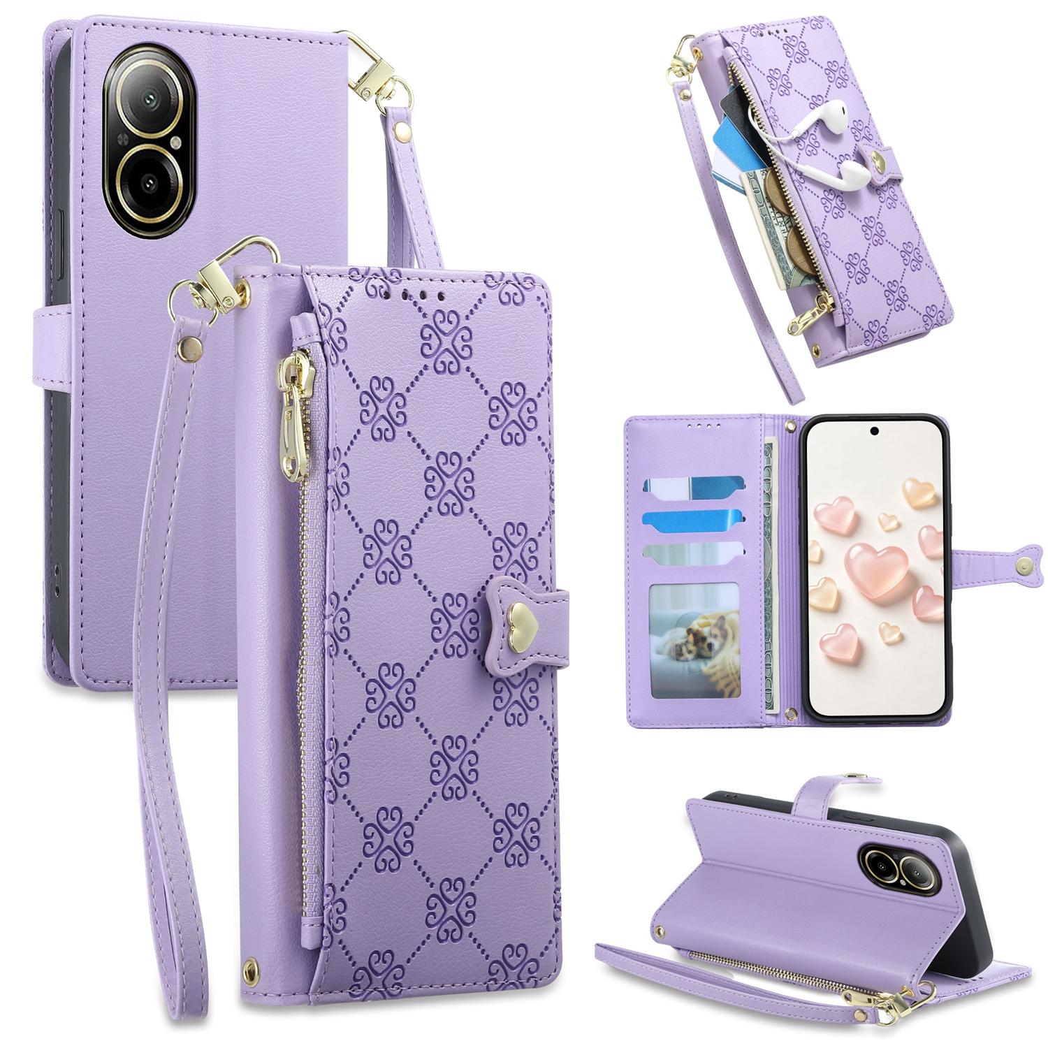 For Realme 12 Lite / Realme C67 4G Zipper Wallet Heart Buckle Vegan Leather Phone Case with Wrist Strap(Purple) - Shopkiz.com