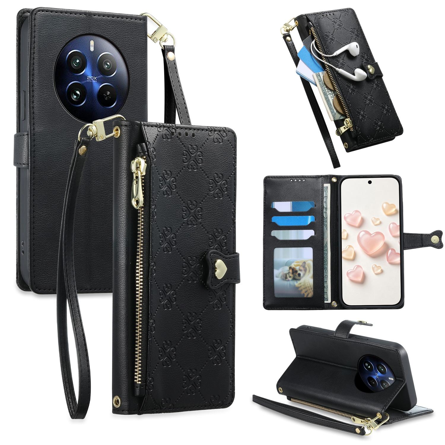 For Realme 12 Pro / Realme 12 Pro+ Zipper Wallet Heart Buckle Vegan Leather Phone Case with Wrist Strap(Black) - Shopkiz.com