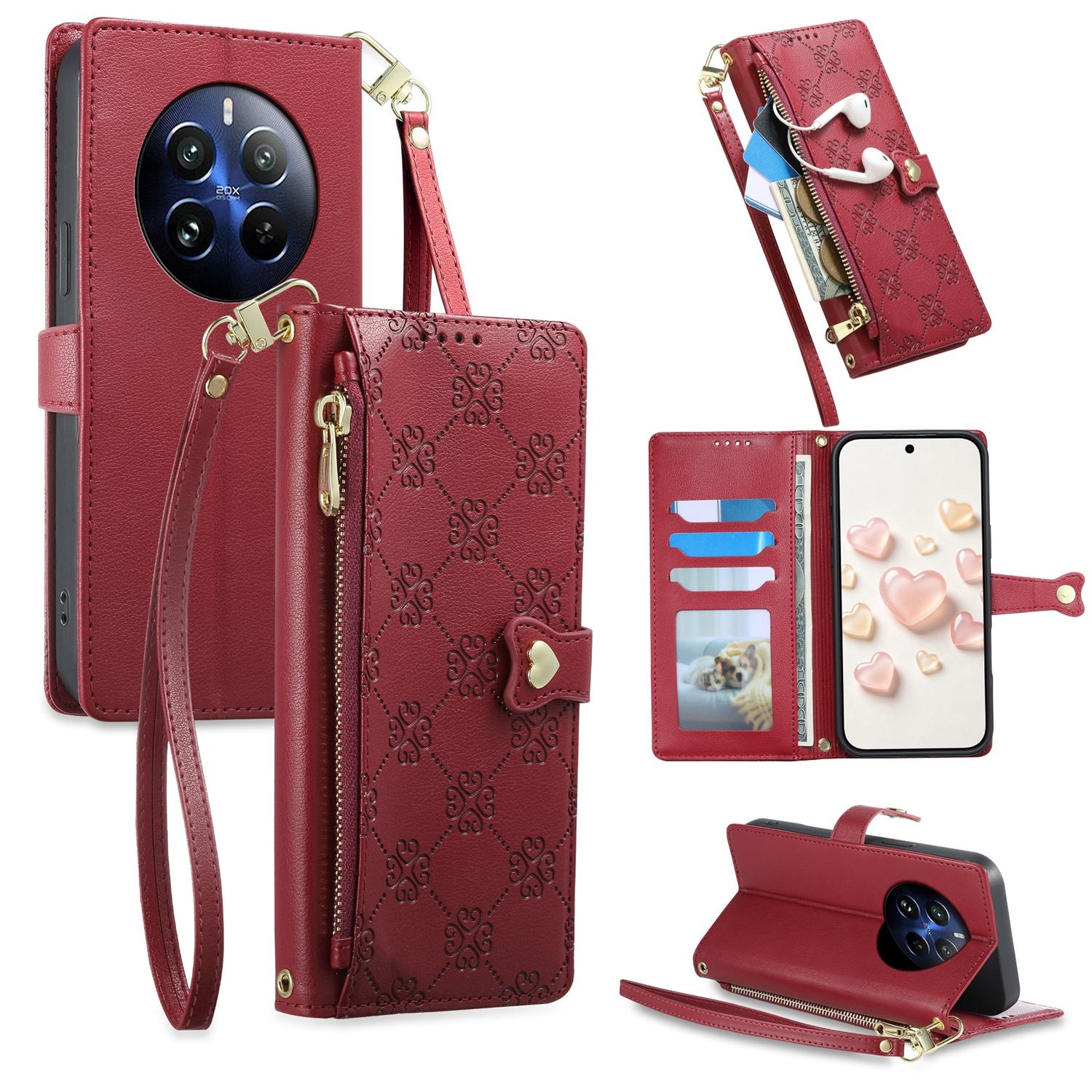 For Realme 12 Pro / Realme 12 Pro+ Zipper Wallet Heart Buckle Vegan Leather Phone Case with Wrist Strap(Red) - Shopkiz.com