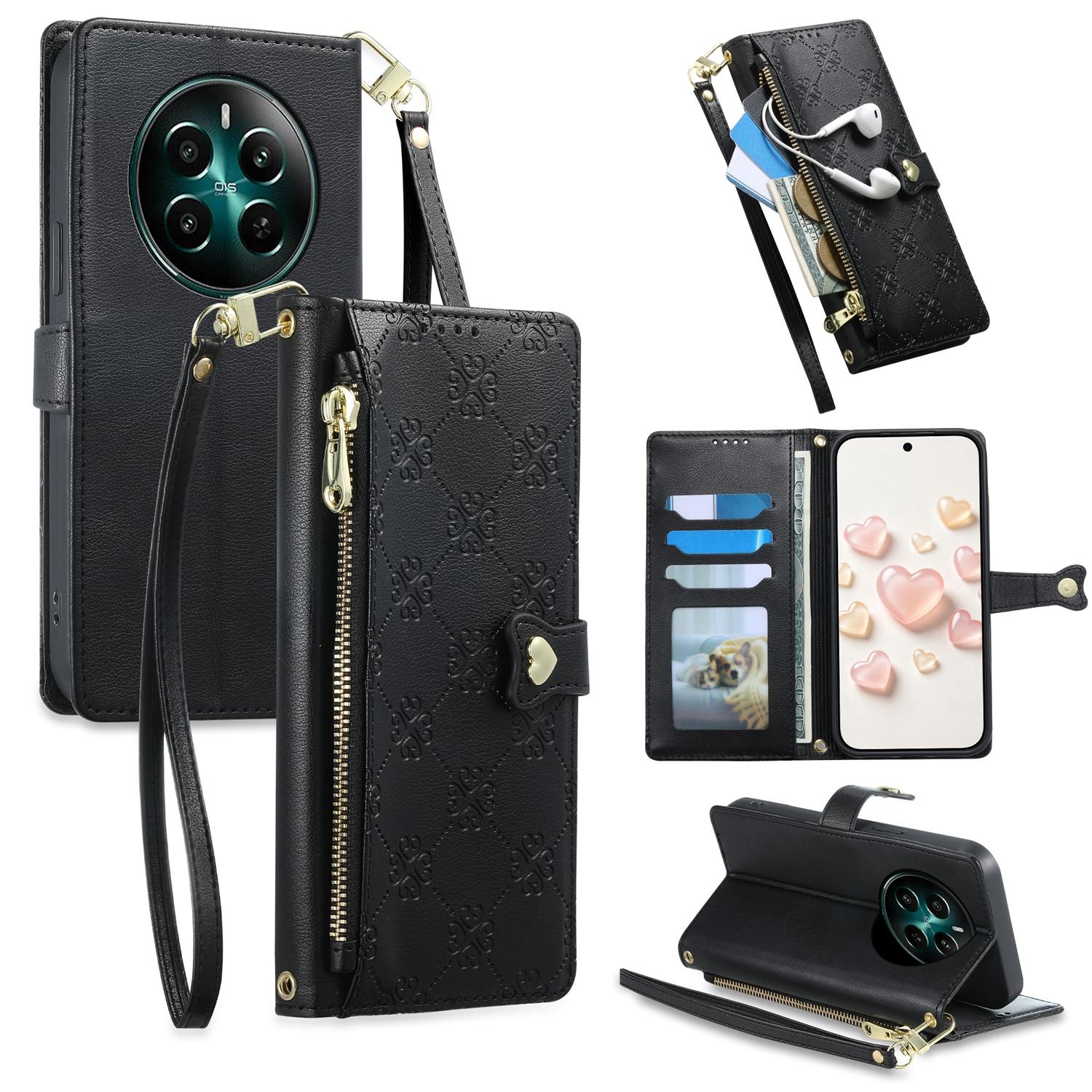 For Realme 13 4G / 12 4G / 12+ / Narzo 70 Zipper Wallet Heart Buckle Vegan Leather Phone Case with Wrist Strap(Black) - Shopkiz.com