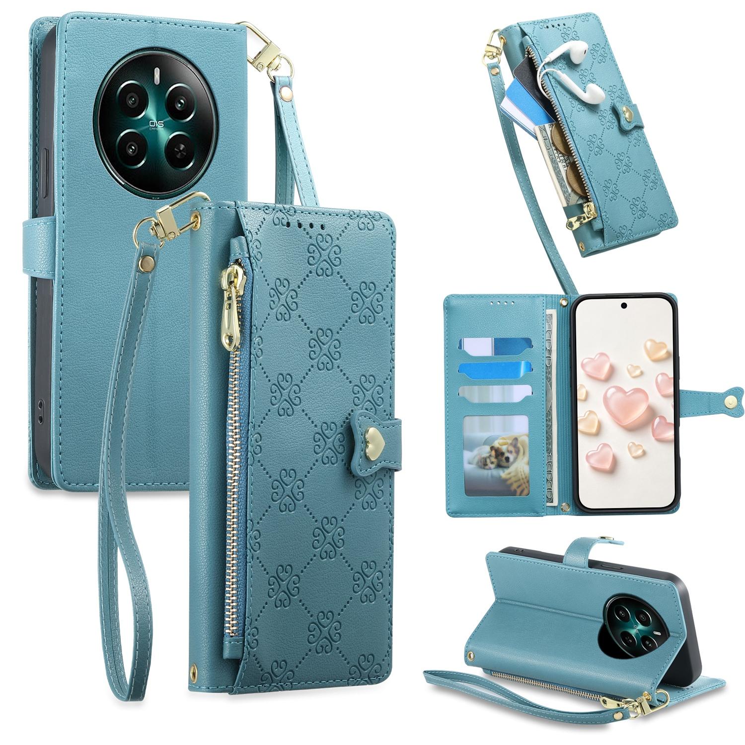 For Realme 13 4G / 12 4G / 12+ / Narzo 70 Zipper Wallet Heart Buckle Vegan Leather Phone Case with Wrist Strap(Lake Blue) - Shopkiz.com