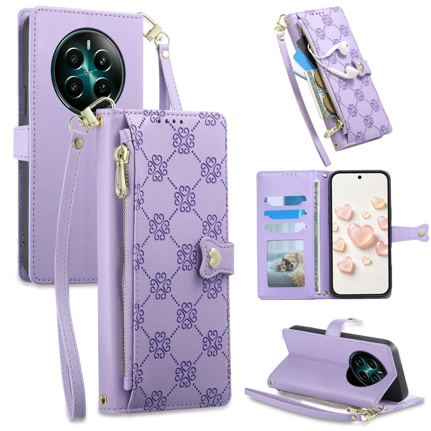 For Realme 13 4G / 12 4G / 12+ / Narzo 70 Zipper Wallet Heart Buckle Vegan Leather Phone Case with Wrist Strap(Purple) - Shopkiz.com
