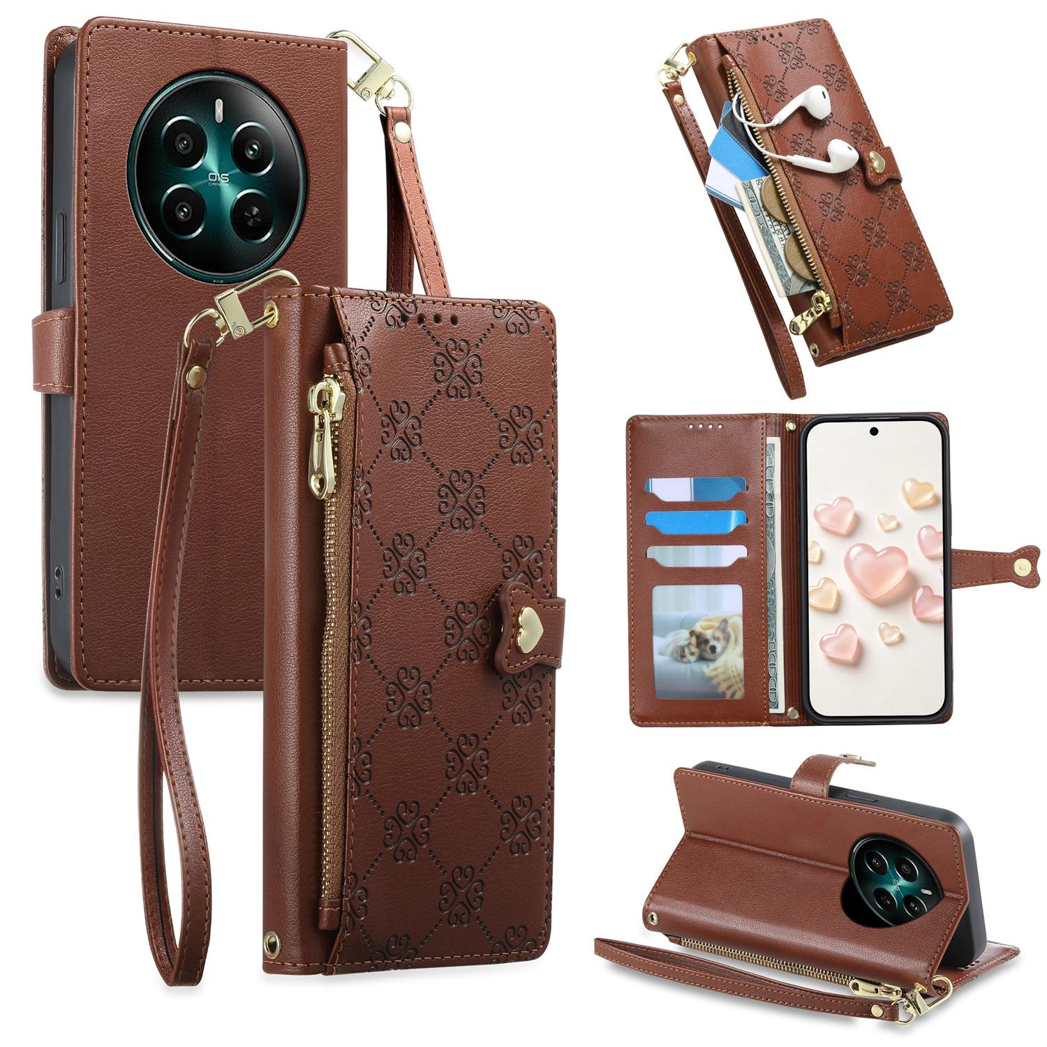 For Realme 13 4G / 12 4G / 12+ / Narzo 70 Zipper Wallet Heart Buckle Vegan Leather Phone Case with Wrist Strap(Brown) - Shopkiz.com