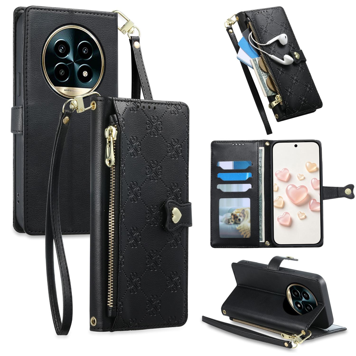 For Realme 13 Pro / Realme 13 Pro+ Zipper Wallet Heart Buckle Vegan Leather Phone Case with Wrist Strap(Black) - Shopkiz.com