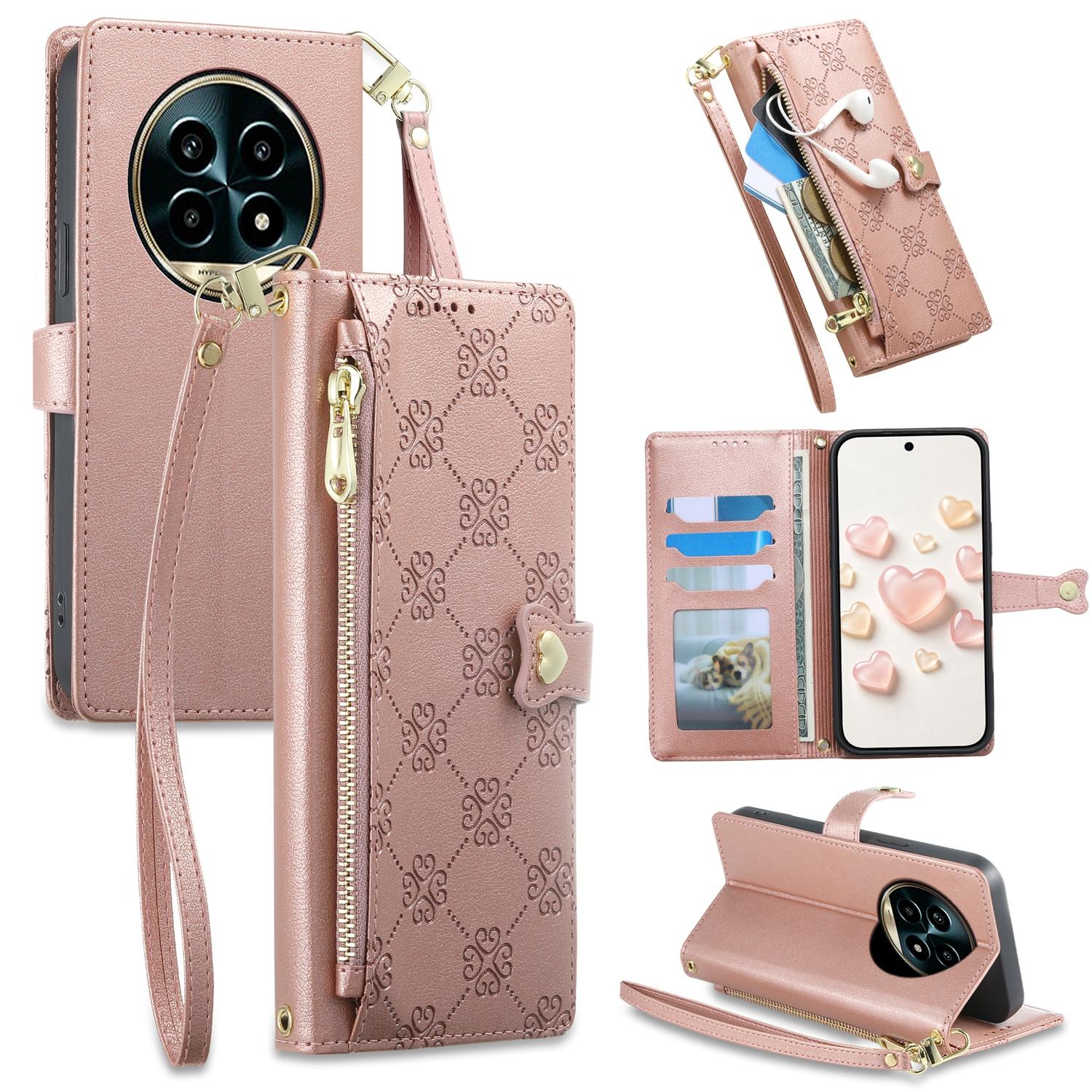 For Realme 13 Pro / Realme 13 Pro+ Zipper Wallet Heart Buckle Vegan Leather Phone Case with Wrist Strap(Pink) - Shopkiz.com