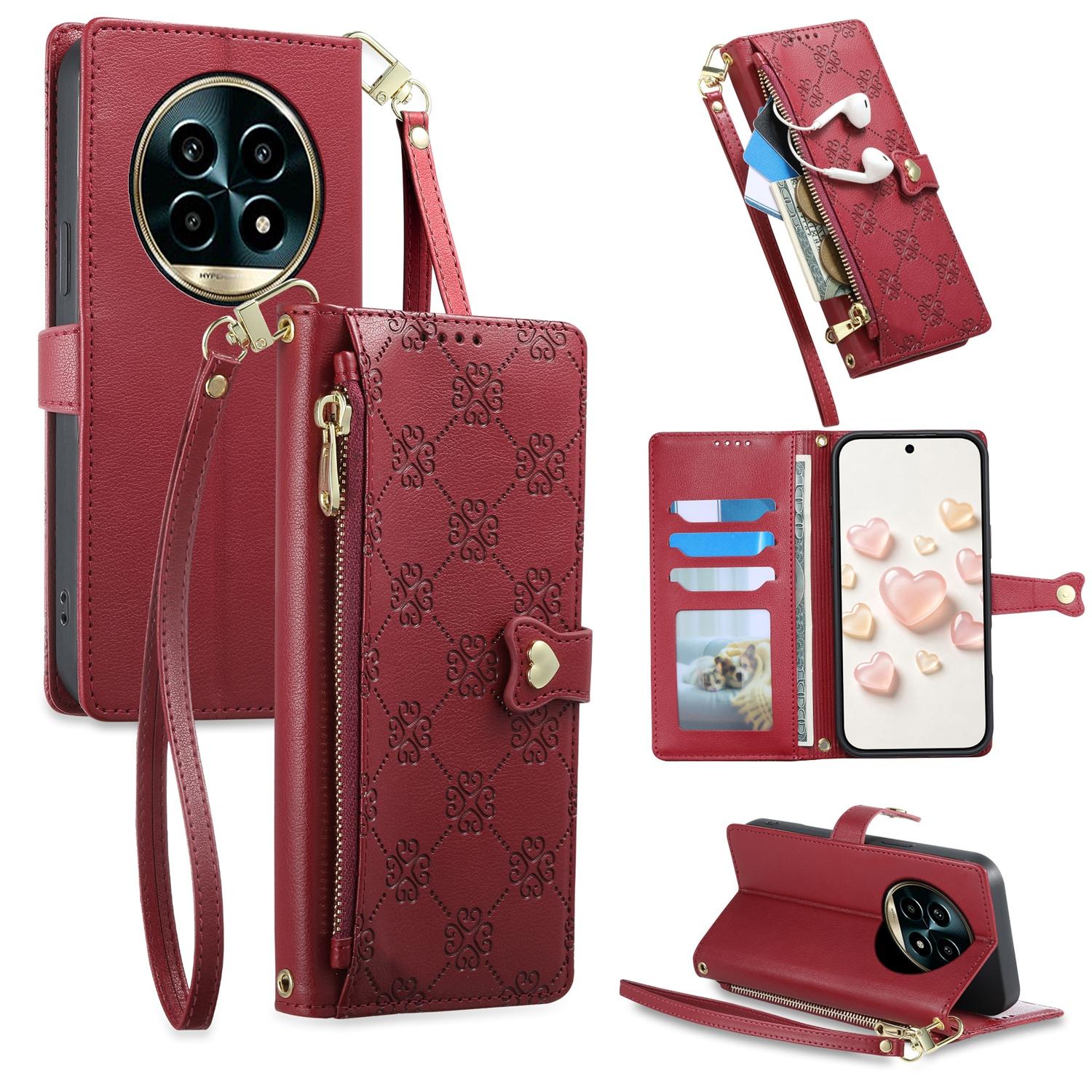 For Realme 13 Pro / Realme 13 Pro+ Zipper Wallet Heart Buckle Vegan Leather Phone Case with Wrist Strap(Red) - Shopkiz.com
