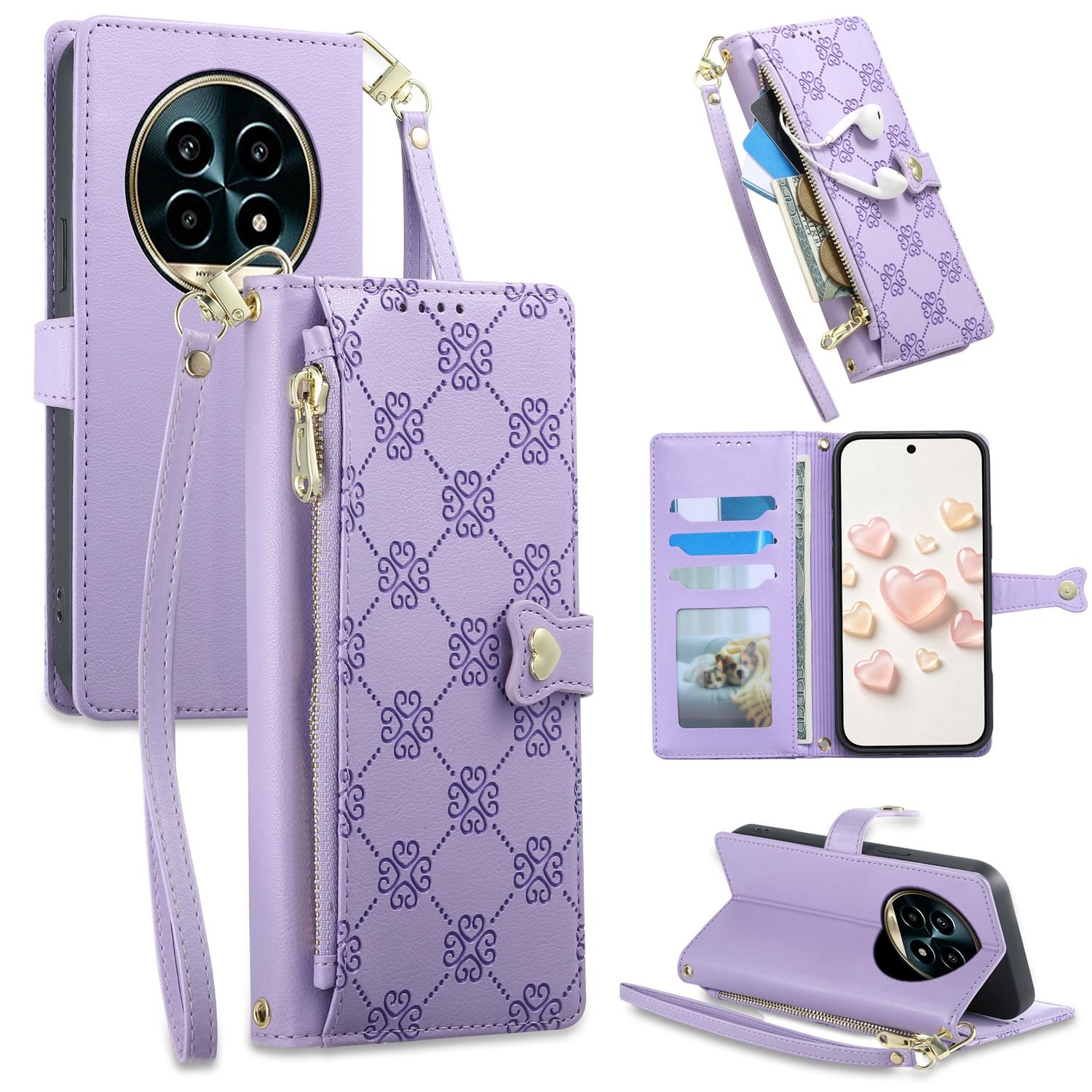 For Realme 13 Pro / Realme 13 Pro+ Zipper Wallet Heart Buckle Vegan Leather Phone Case with Wrist Strap(Purple) - Shopkiz.com