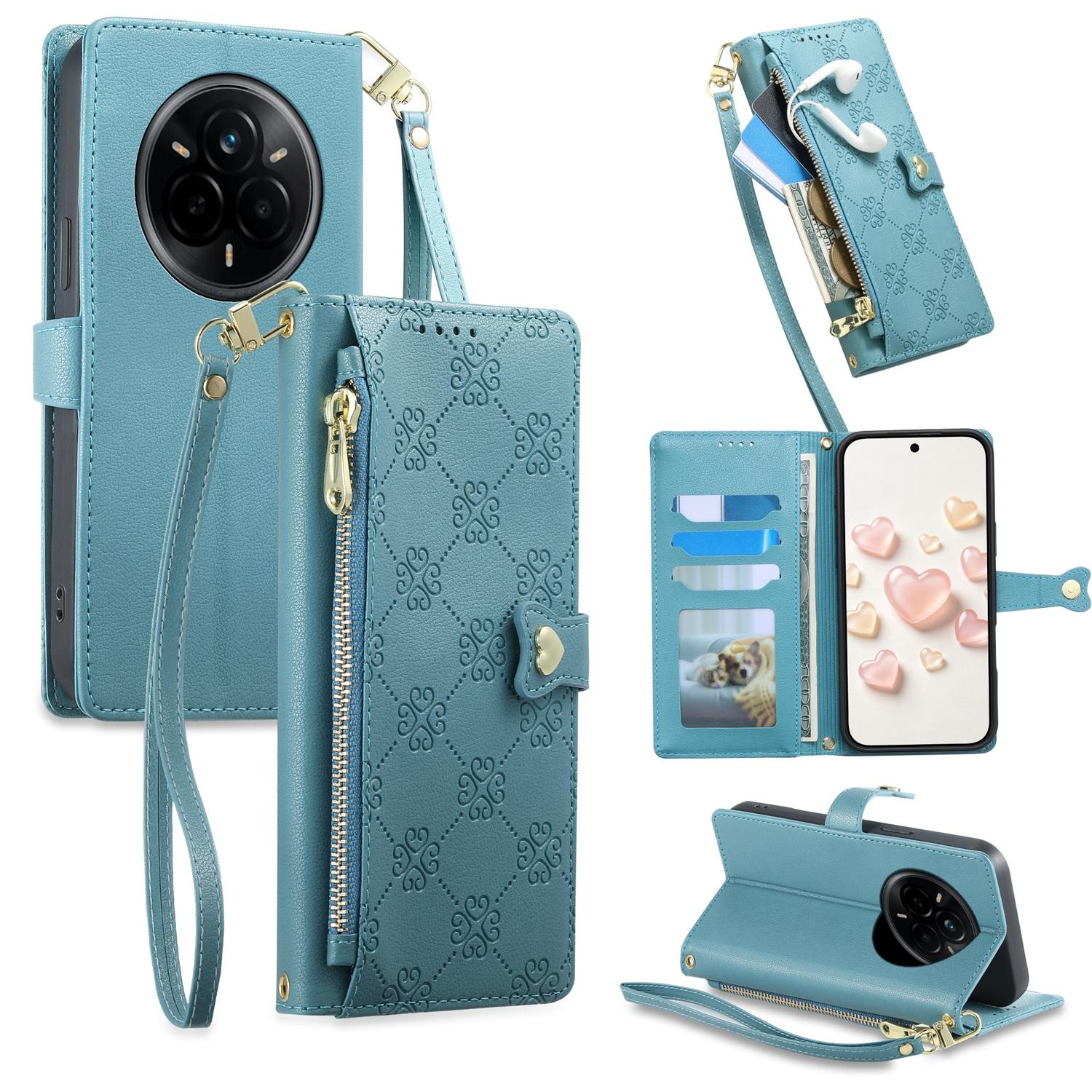 For Realme 14 Pro Zipper Wallet Heart Buckle Vegan Leather Phone Case with Wrist Strap(Lake Blue) - Shopkiz.com