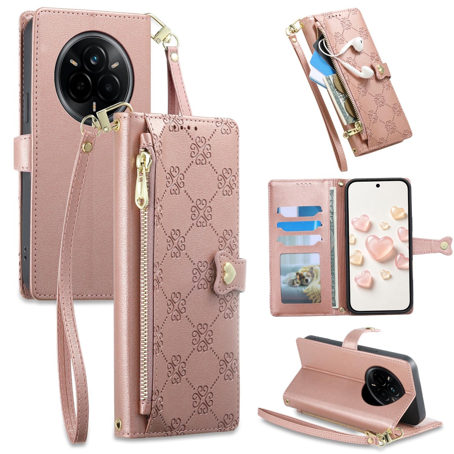 For Realme 14 Pro Zipper Wallet Heart Buckle Vegan Leather Phone Case with Wrist Strap(Pink) - Shopkiz.com