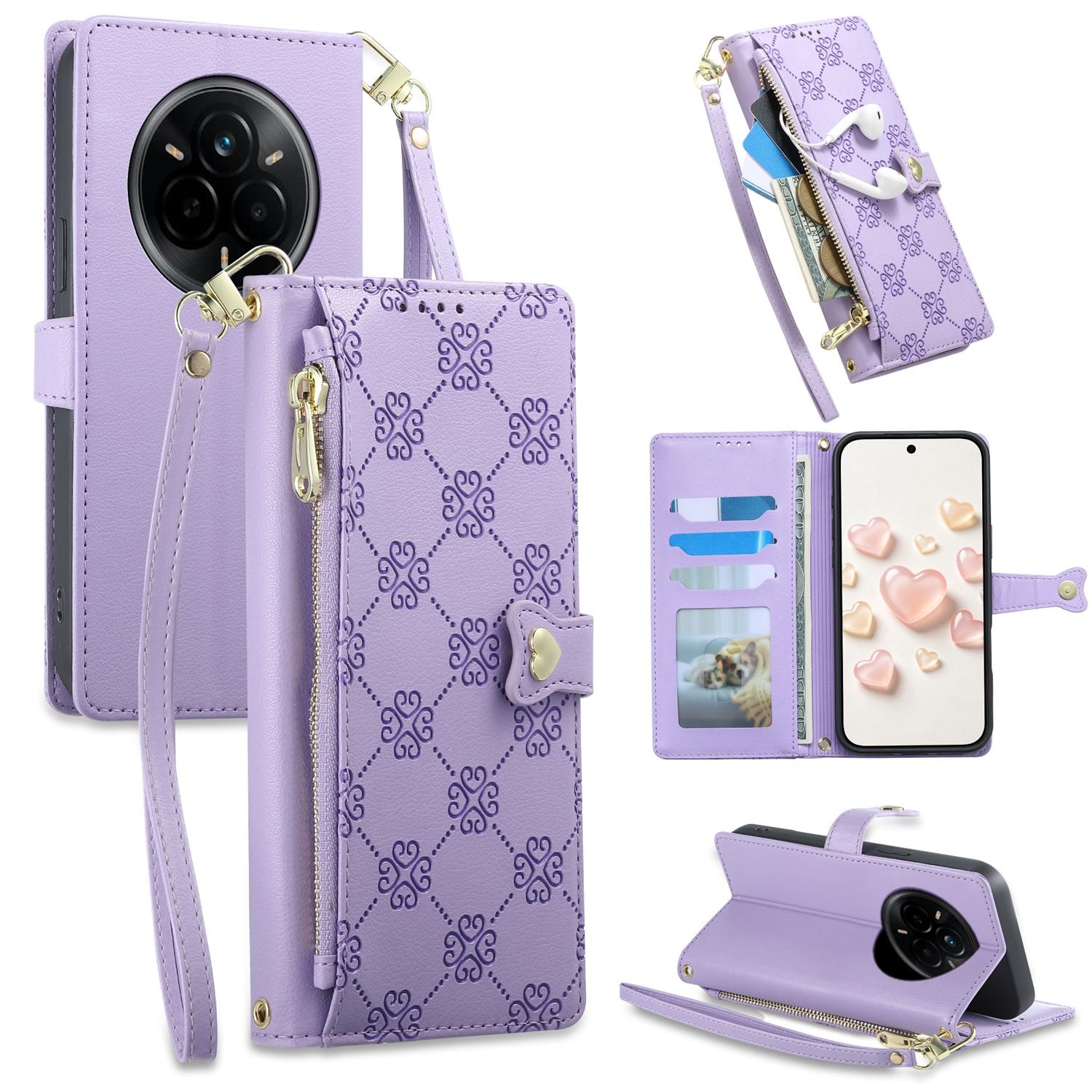 For Realme 14 Pro Zipper Wallet Heart Buckle Vegan Leather Phone Case with Wrist Strap(Purple) - Shopkiz.com