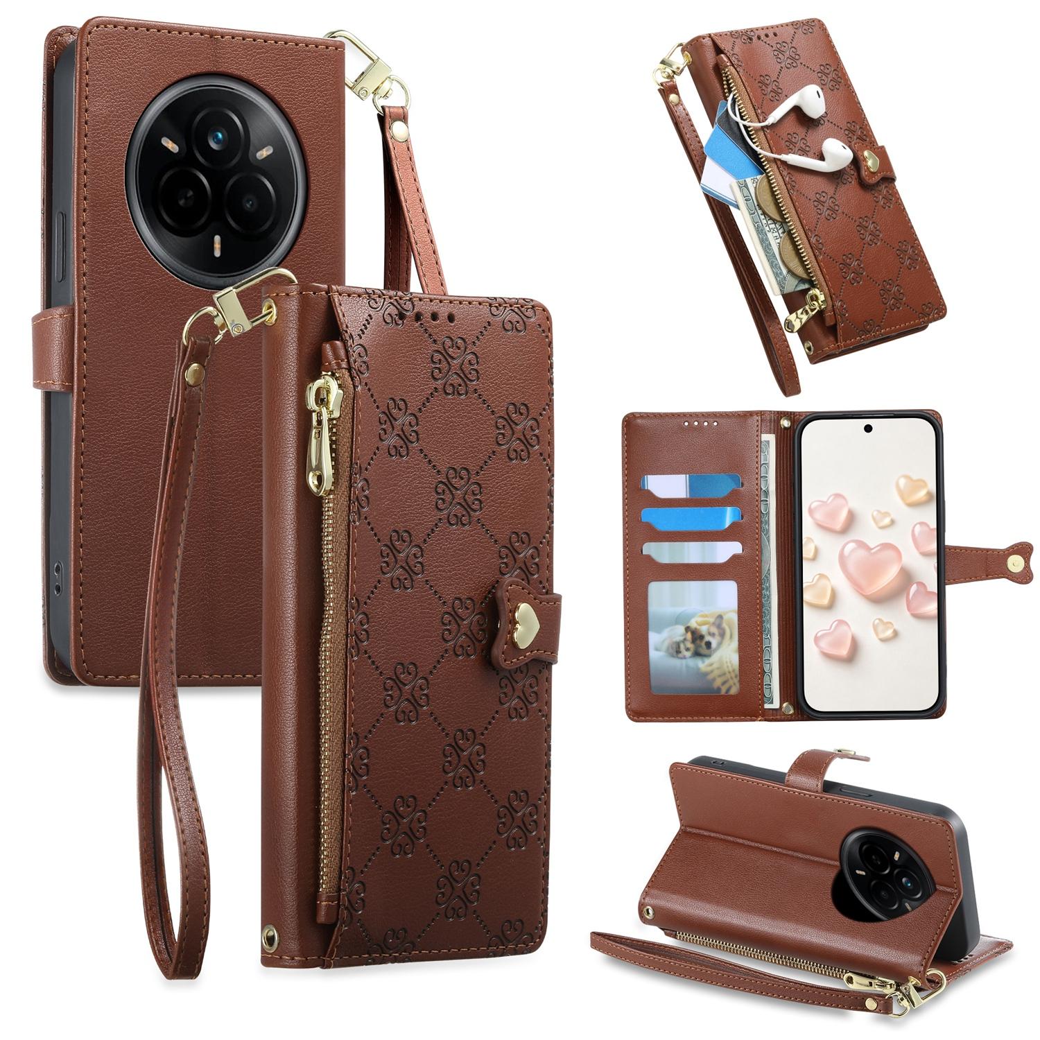 For Realme 14 Pro Zipper Wallet Heart Buckle Vegan Leather Phone Case with Wrist Strap(Brown) - Shopkiz.com
