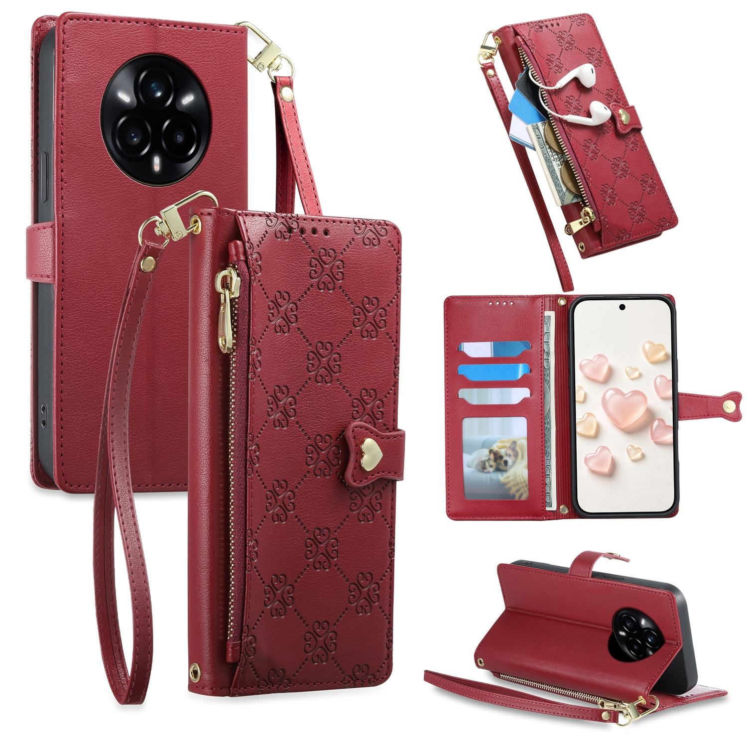 For Realme 14 Pro+ Zipper Wallet Heart Buckle Vegan Leather Phone Case with Wrist Strap(Red) - Shopkiz.com