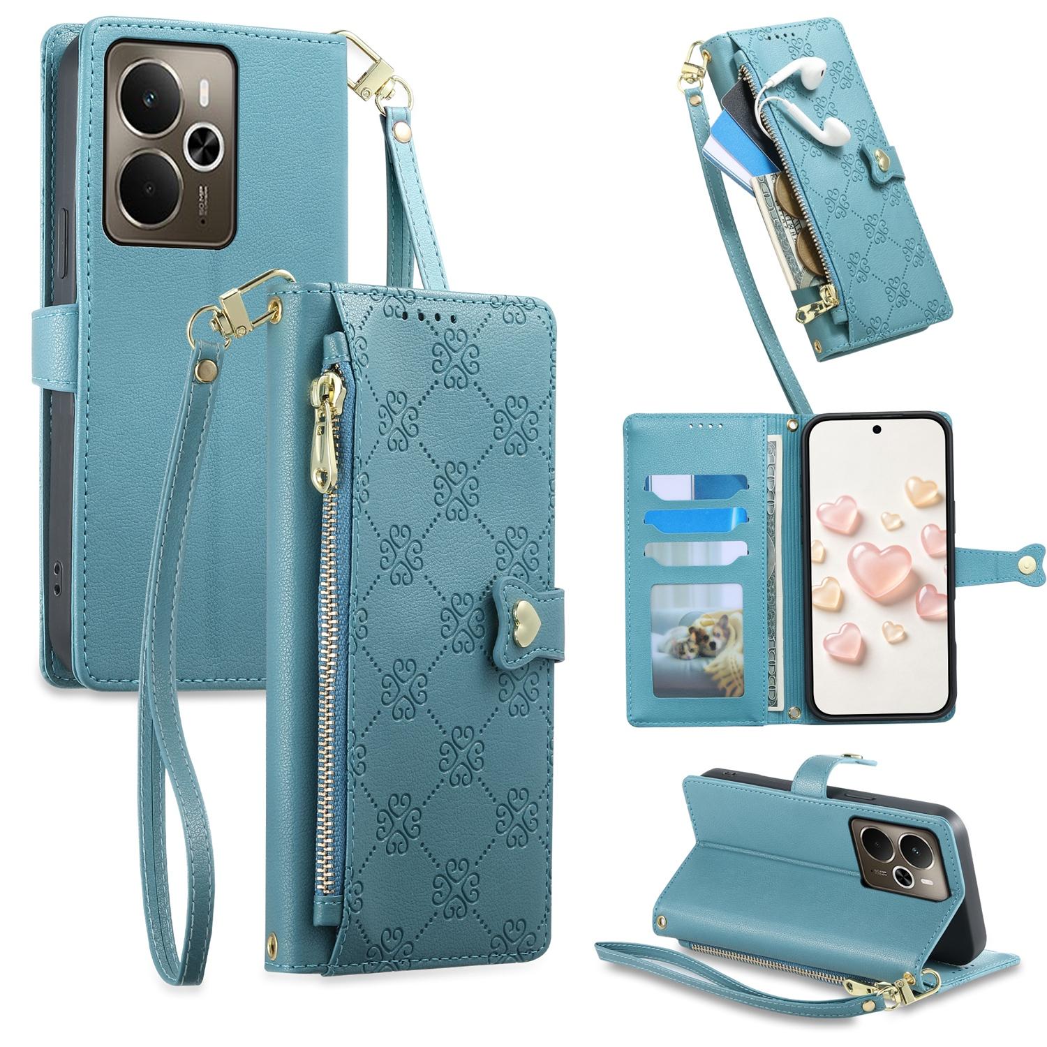 For Realme 14 / Realme P3 5G Zipper Wallet Heart Buckle Vegan Leather Phone Case with Wrist Strap(Lake Blue) - Shopkiz.com