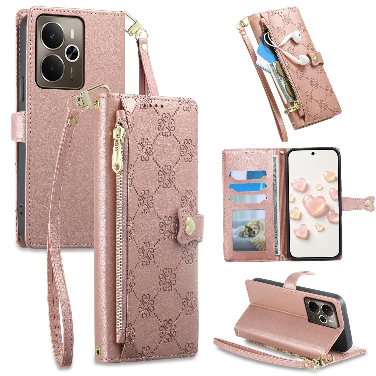 For Realme 14 / Realme P3 5G Zipper Wallet Heart Buckle Vegan Leather Phone Case with Wrist Strap(Pink) - Shopkiz.com
