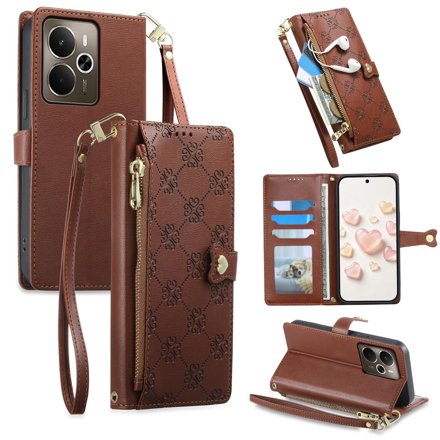 For Realme 14 / Realme P3 5G Zipper Wallet Heart Buckle Vegan Leather Phone Case with Wrist Strap(Brown) - Shopkiz.com