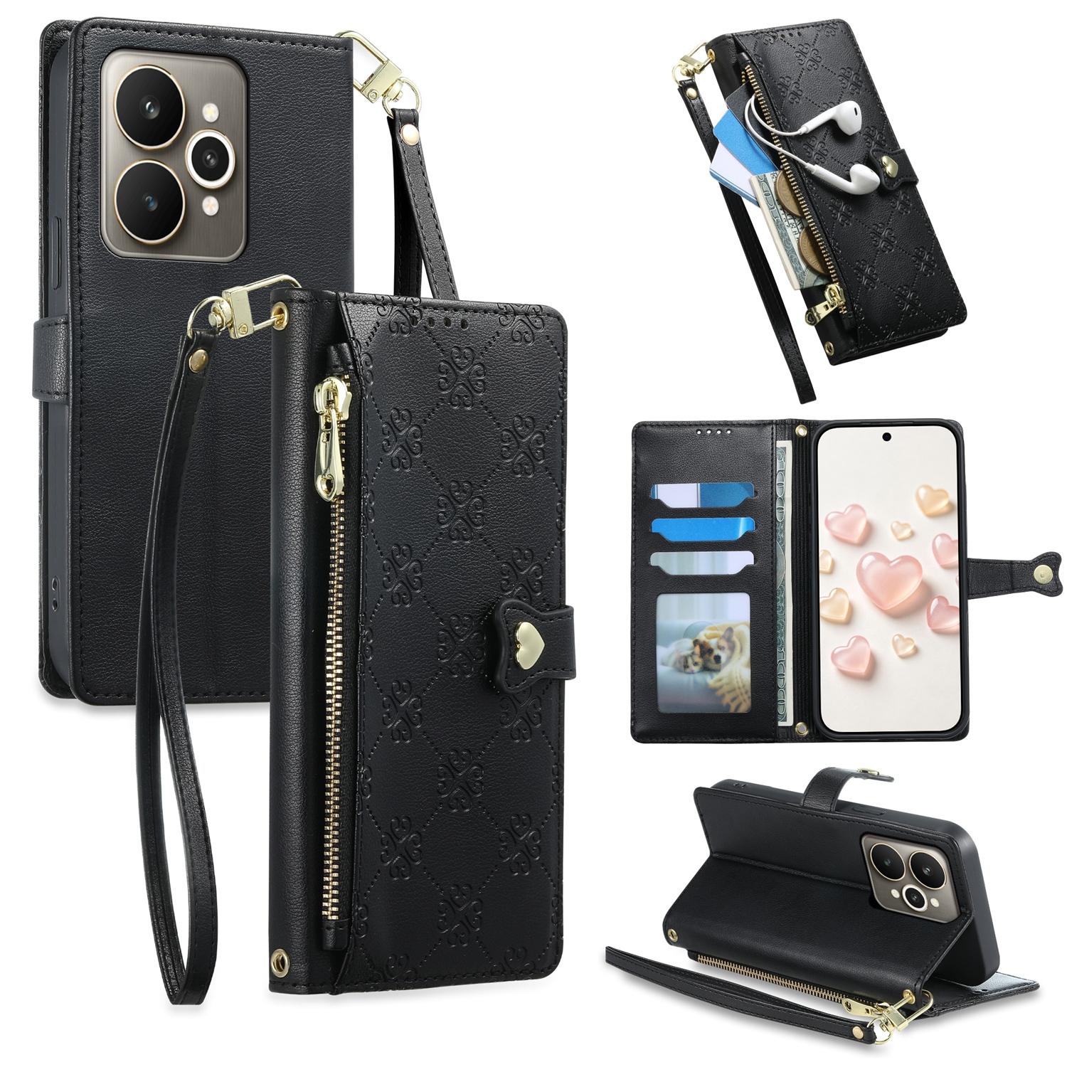 For Realme 15 5G / Realme 15 Pro 5G Zipper Wallet Heart Buckle Vegan Leather Phone Case with Wrist Strap(Black) - Shopkiz.com