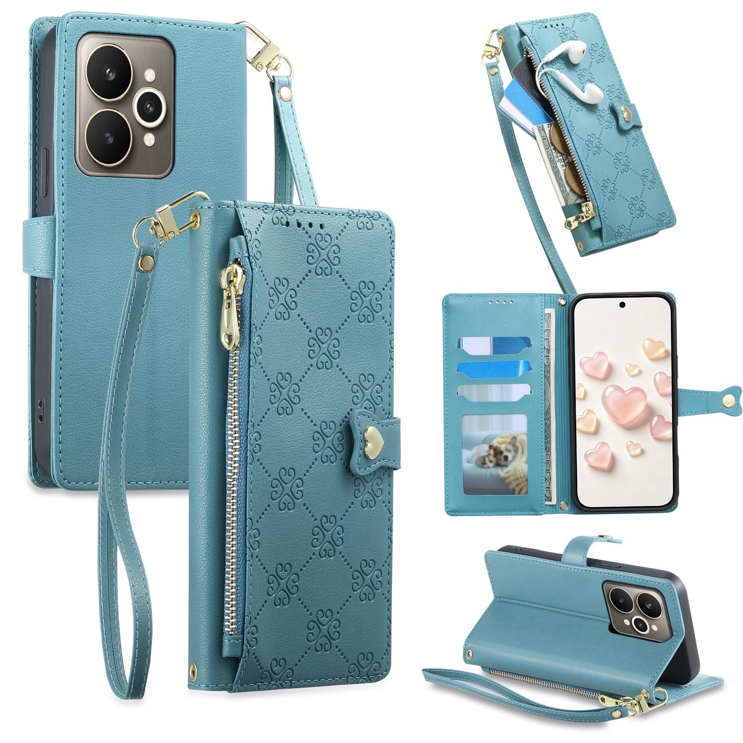 For Realme 15 5G / Realme 15 Pro 5G Zipper Wallet Heart Buckle Vegan Leather Phone Case with Wrist Strap(Lake Blue) - Shopkiz.com