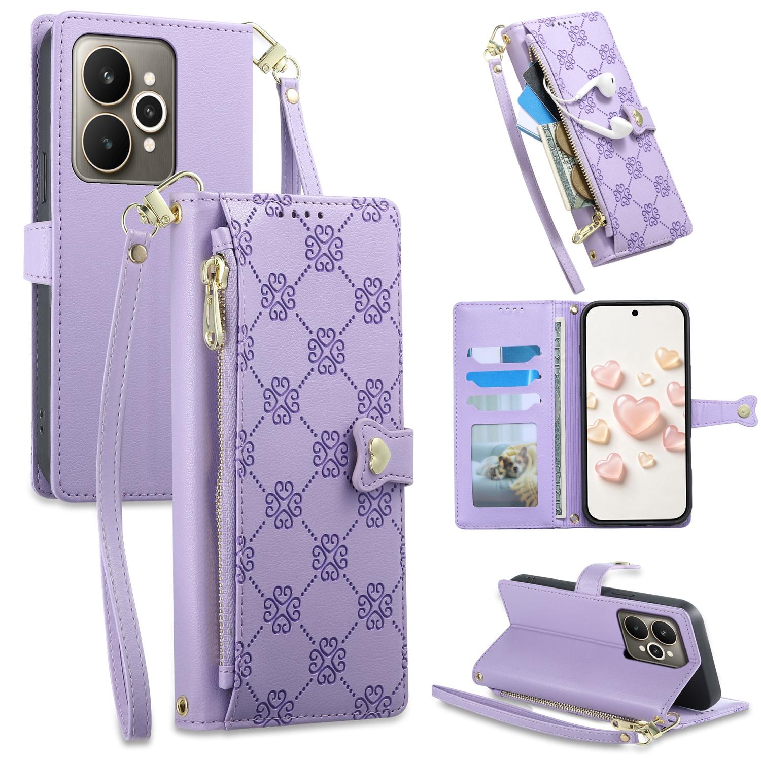 For Realme 15 5G / Realme 15 Pro 5G Zipper Wallet Heart Buckle Vegan Leather Phone Case with Wrist Strap(Purple) - Shopkiz.com