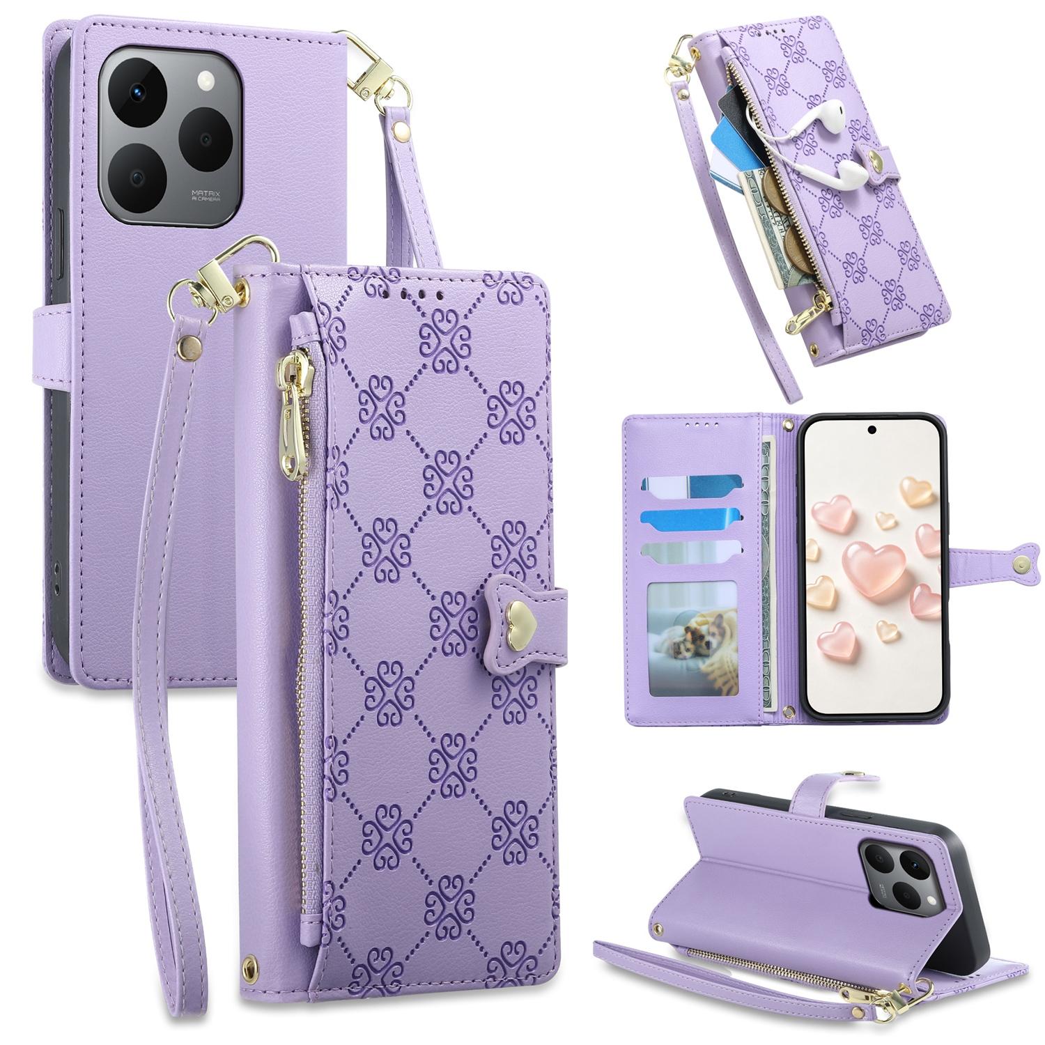 For Realme 15T 5G Zipper Wallet Heart Buckle Vegan Leather Phone Case with Wrist Strap(Purple) - Shopkiz.com