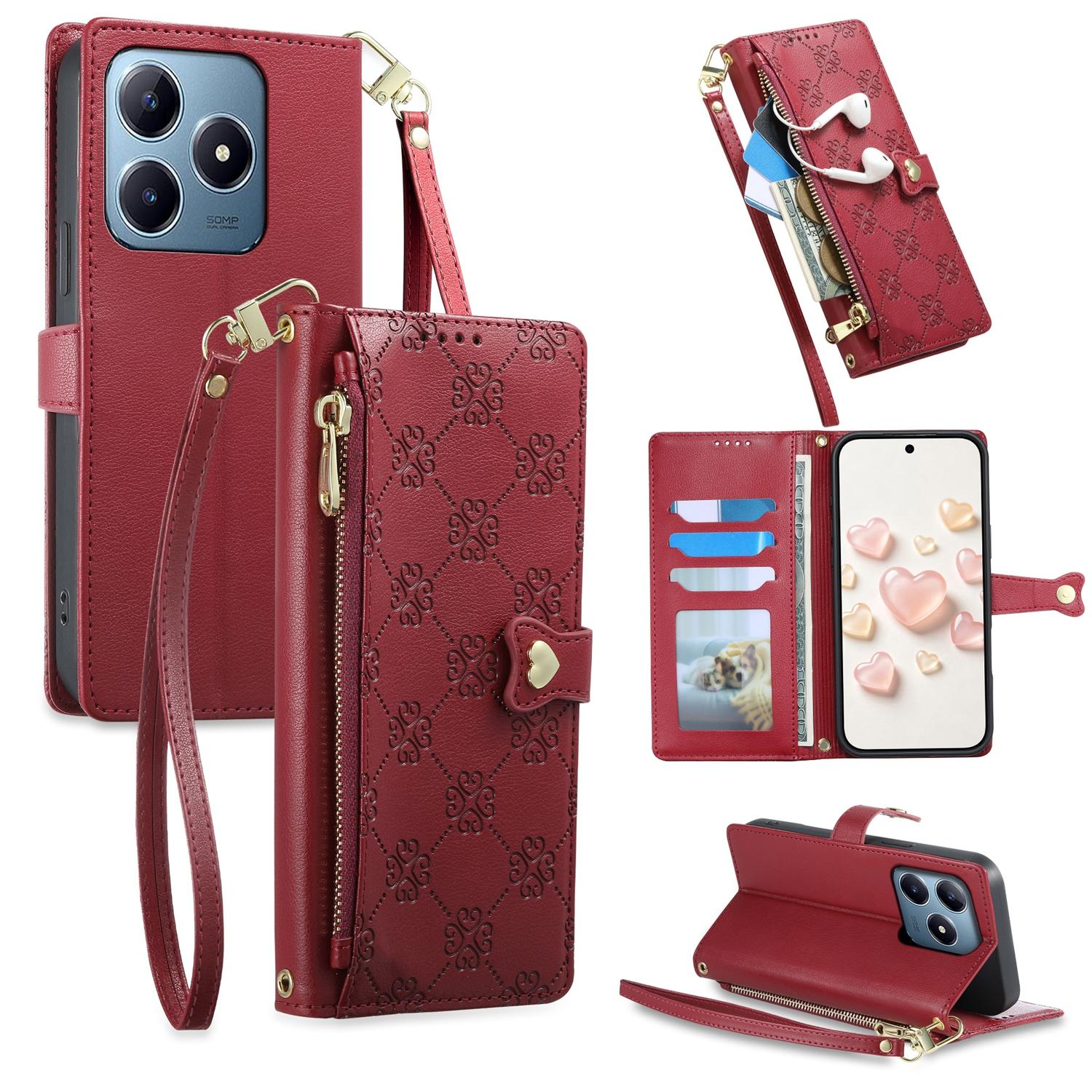 For Realme C63 4G / C61 / Narzo N63 / Note 60 Zipper Wallet Heart Buckle Vegan Leather Phone Case with Wrist Strap(Red) - Shopkiz.com