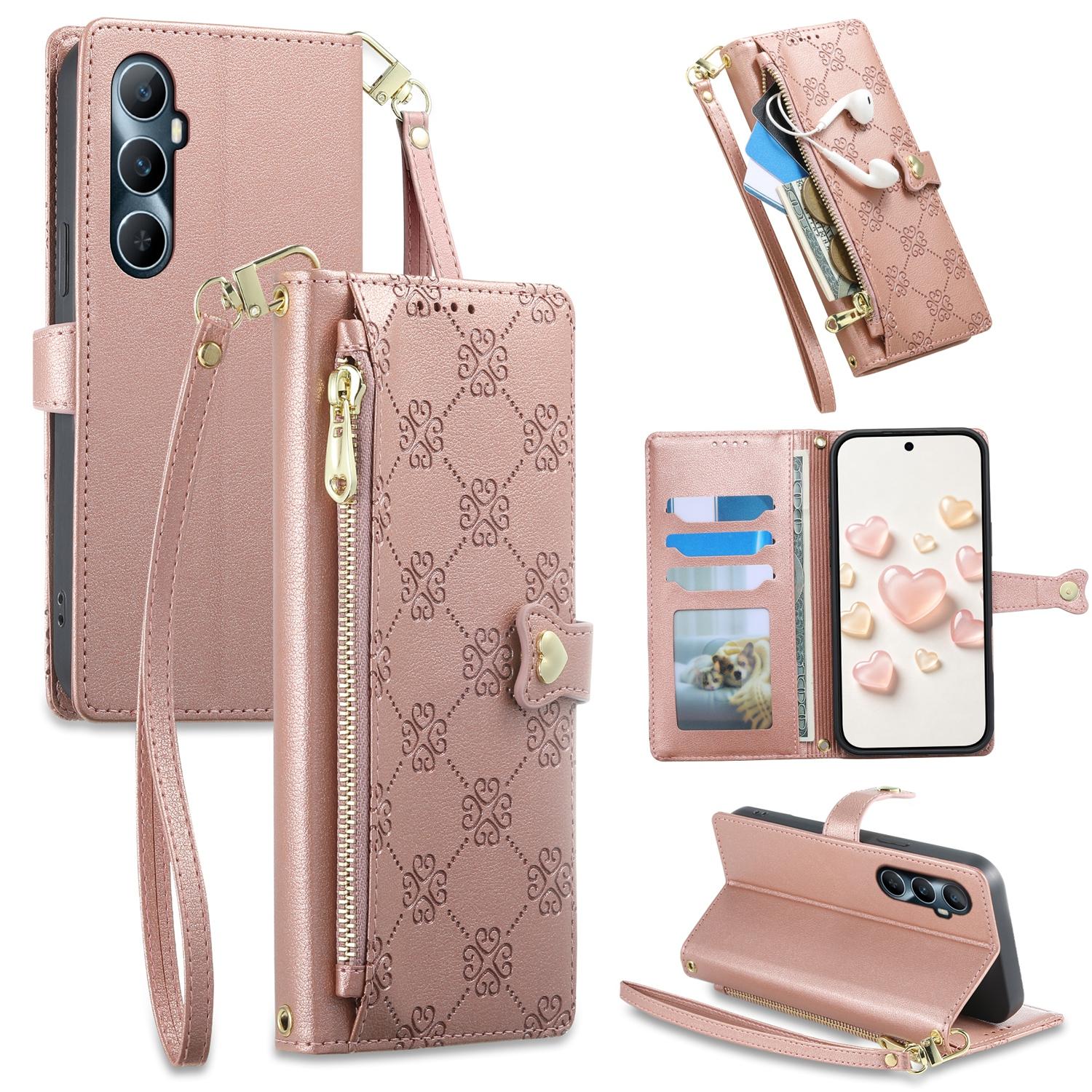 For Realme C65 4G Zipper Wallet Heart Buckle Vegan Leather Phone Case with Wrist Strap(Pink) - Shopkiz.com