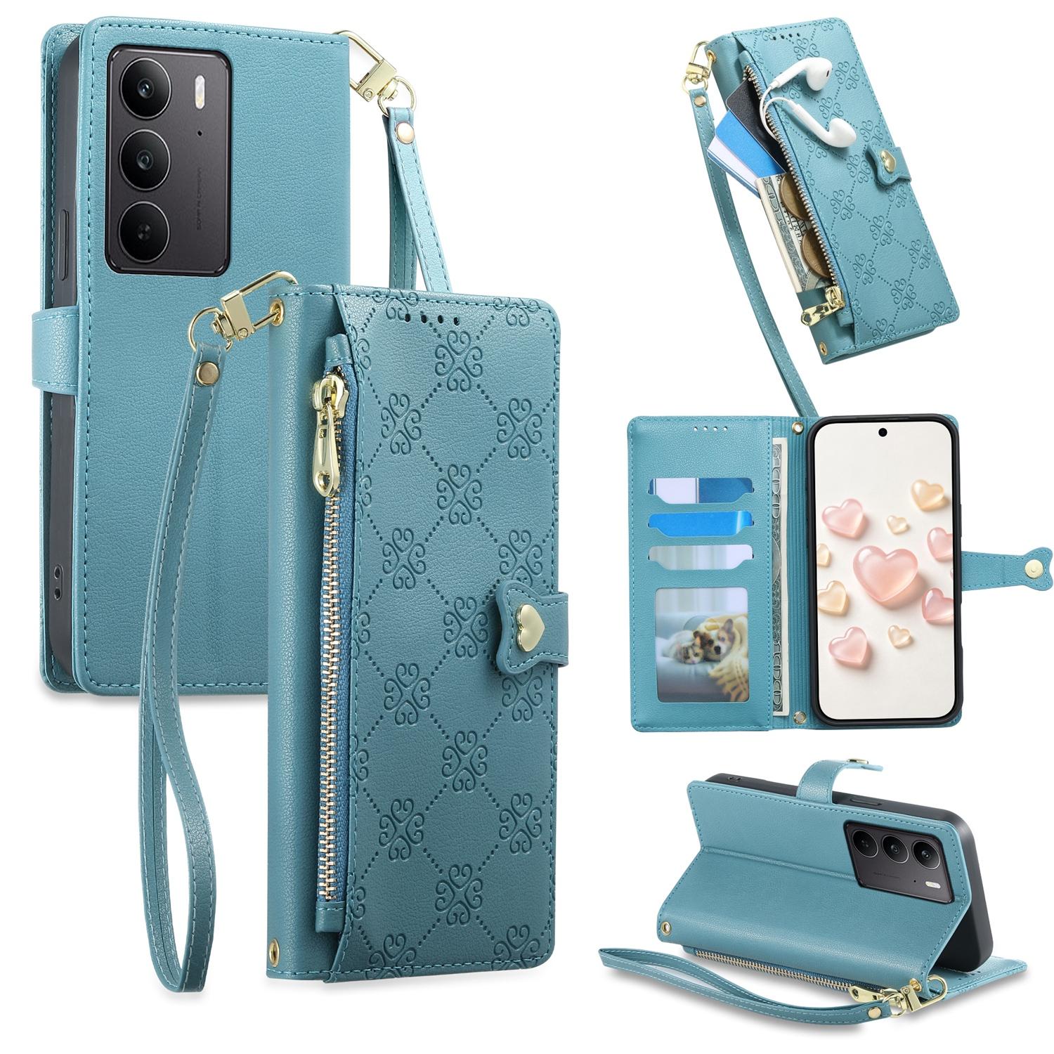 For Realme C75 4G / Realme 14x 5G Zipper Wallet Heart Buckle Vegan Leather Phone Case with Wrist Strap(Lake Blue) - Shopkiz.com