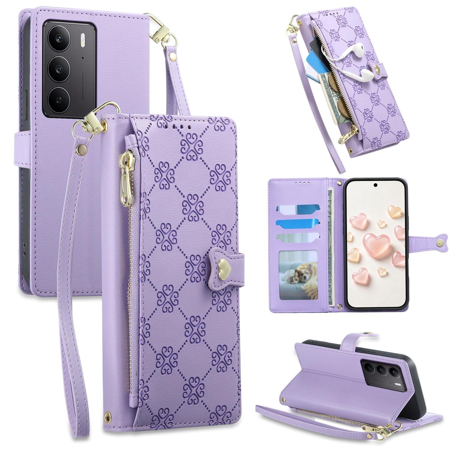 For Realme C75 4G / Realme 14x 5G Zipper Wallet Heart Buckle Vegan Leather Phone Case with Wrist Strap(Purple) - Shopkiz.com