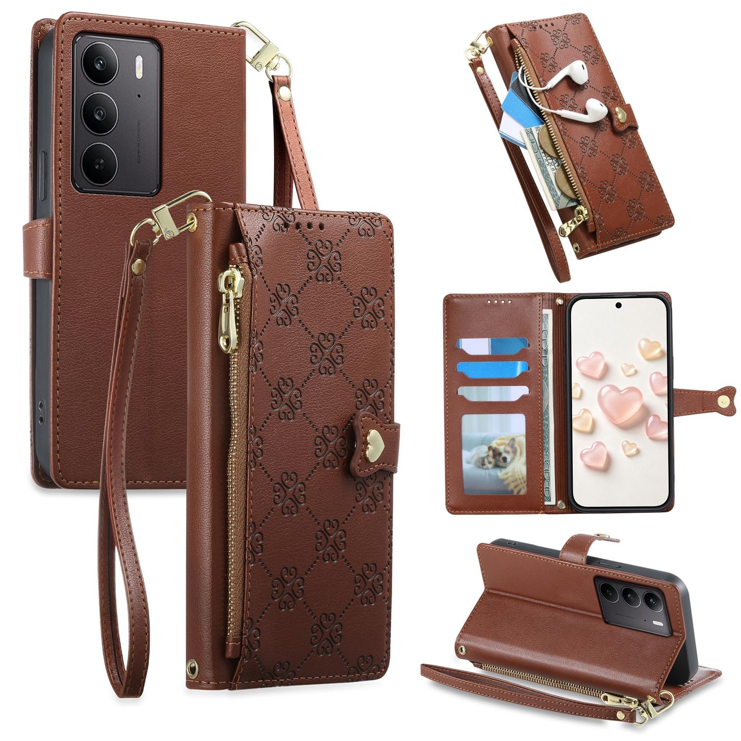 For Realme C75 4G / Realme 14x 5G Zipper Wallet Heart Buckle Vegan Leather Phone Case with Wrist Strap(Brown) - Shopkiz.com