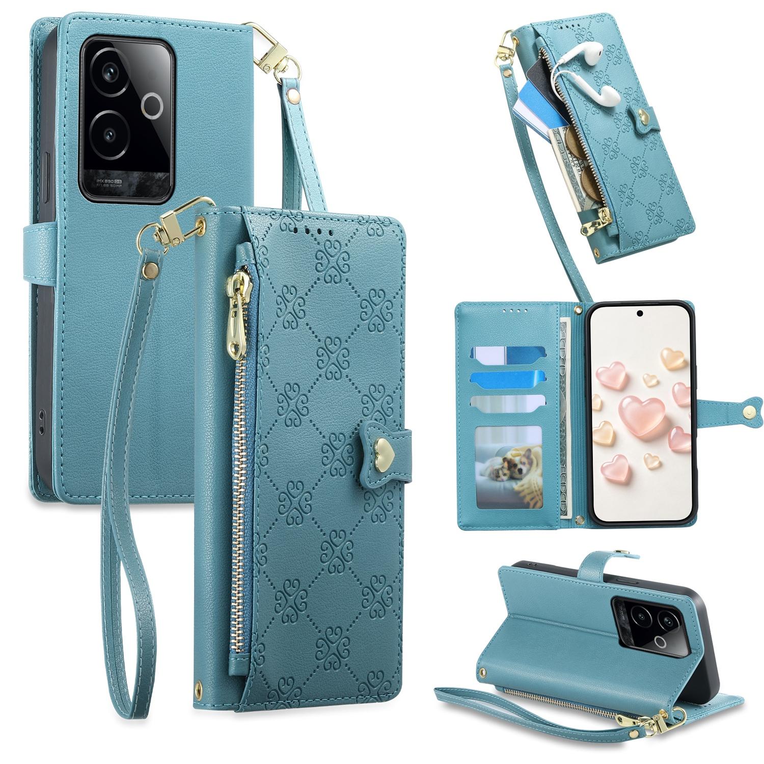 For Realme GT 6 / GT Neo6 / GT Neo6 SE Zipper Wallet Heart Buckle Vegan Leather Phone Case with Wrist Strap(Lake Blue) - Shopkiz.com